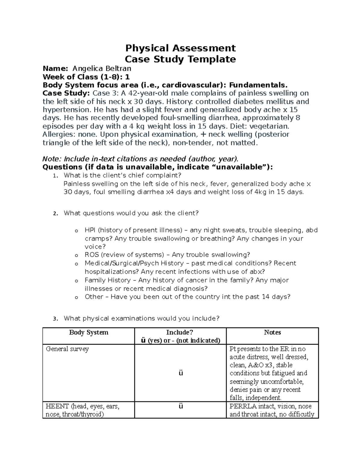 Case Study 1 Fundamentals Template Physical Assessment Case Study