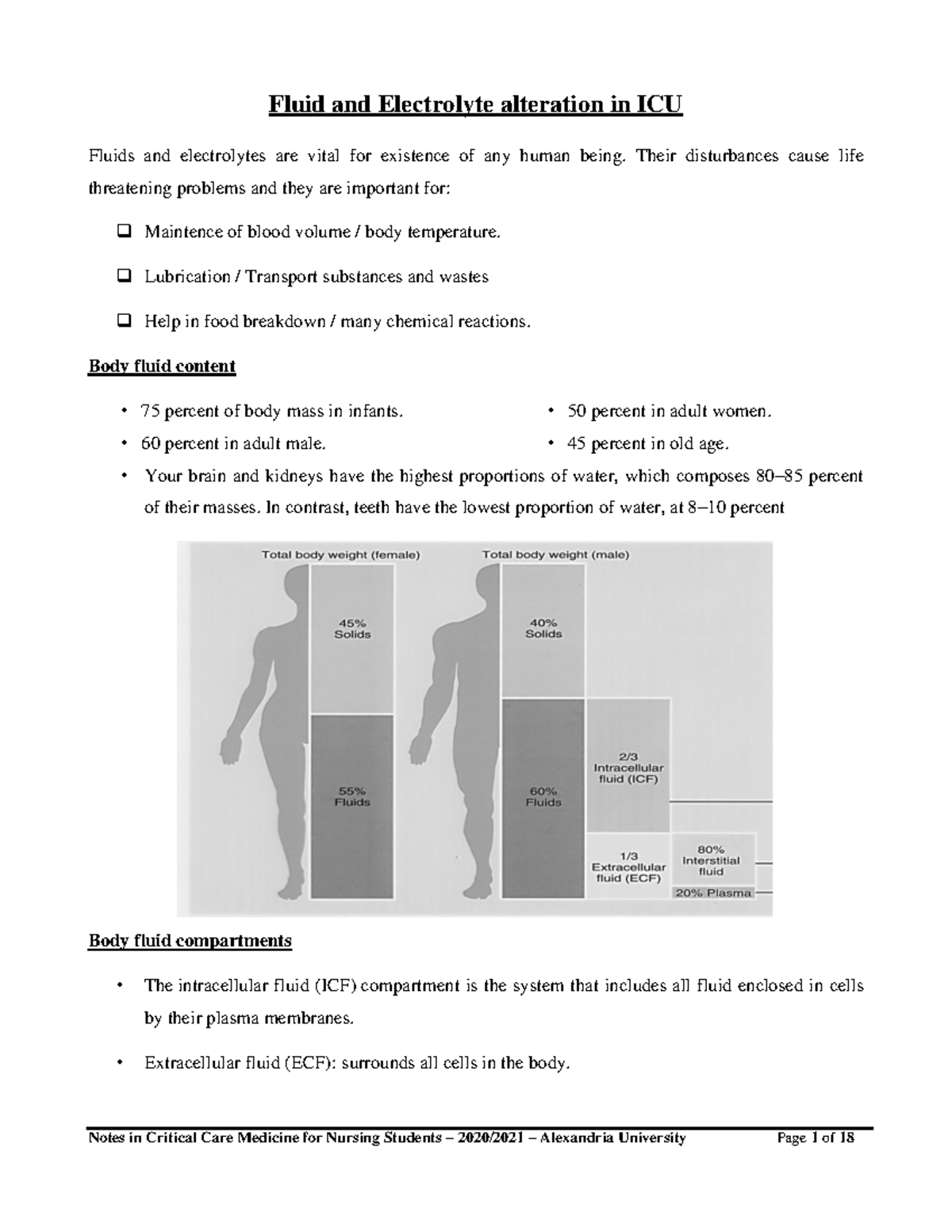 Fluid and Electrolytes in ICU Summary 25122020 Fluid and Electrolyte