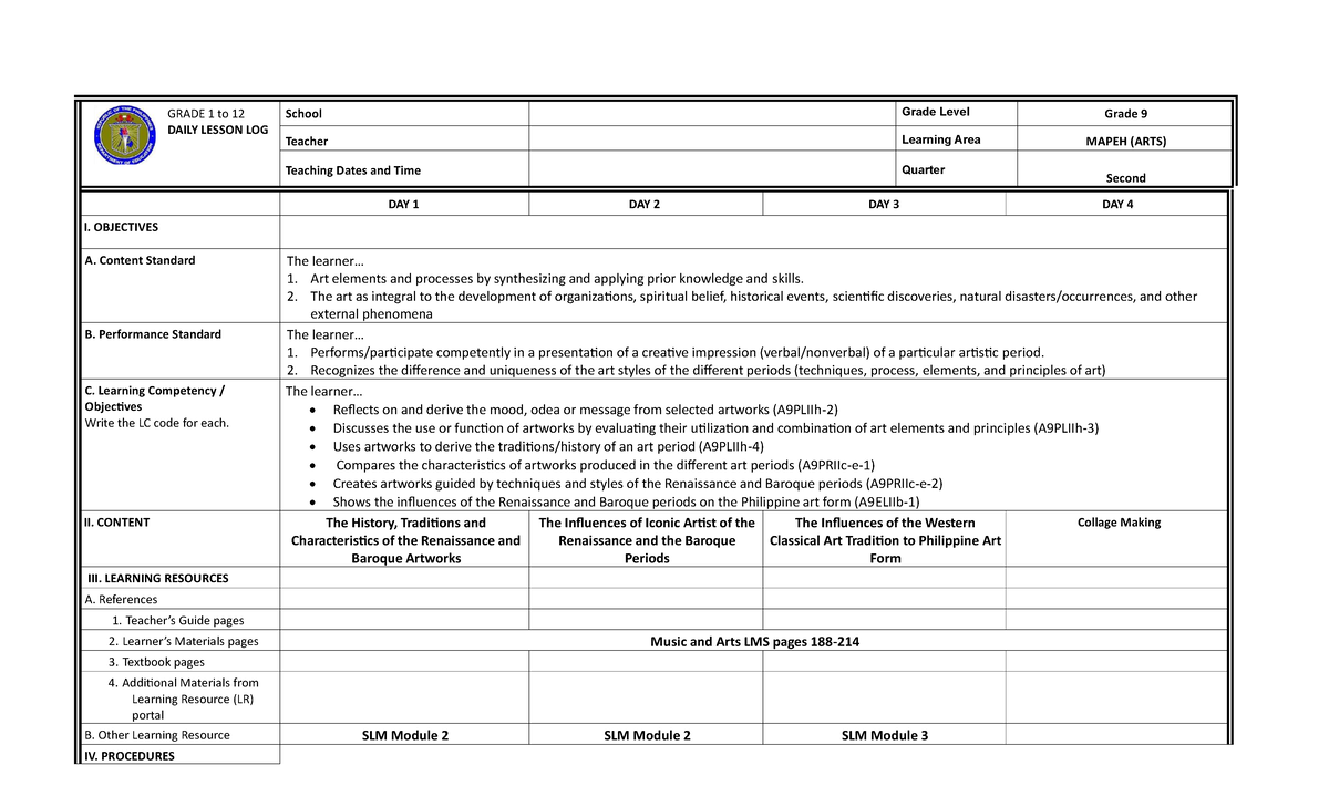 WEEK3 9 Q2 ARTS - GRADE 1 to 12 DAILY LESSON LOG School Grade Level ...