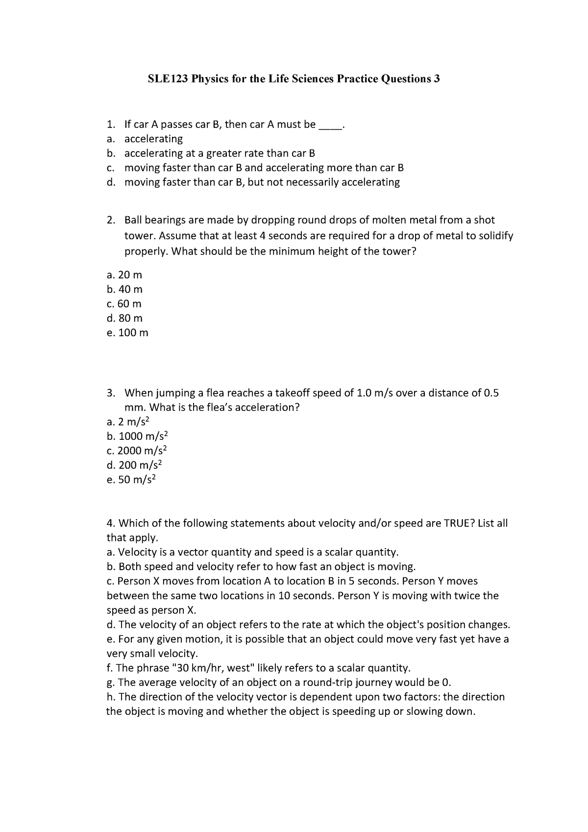 SLE123 Physics For The Life Sciences Practice Questions 3 - A ...