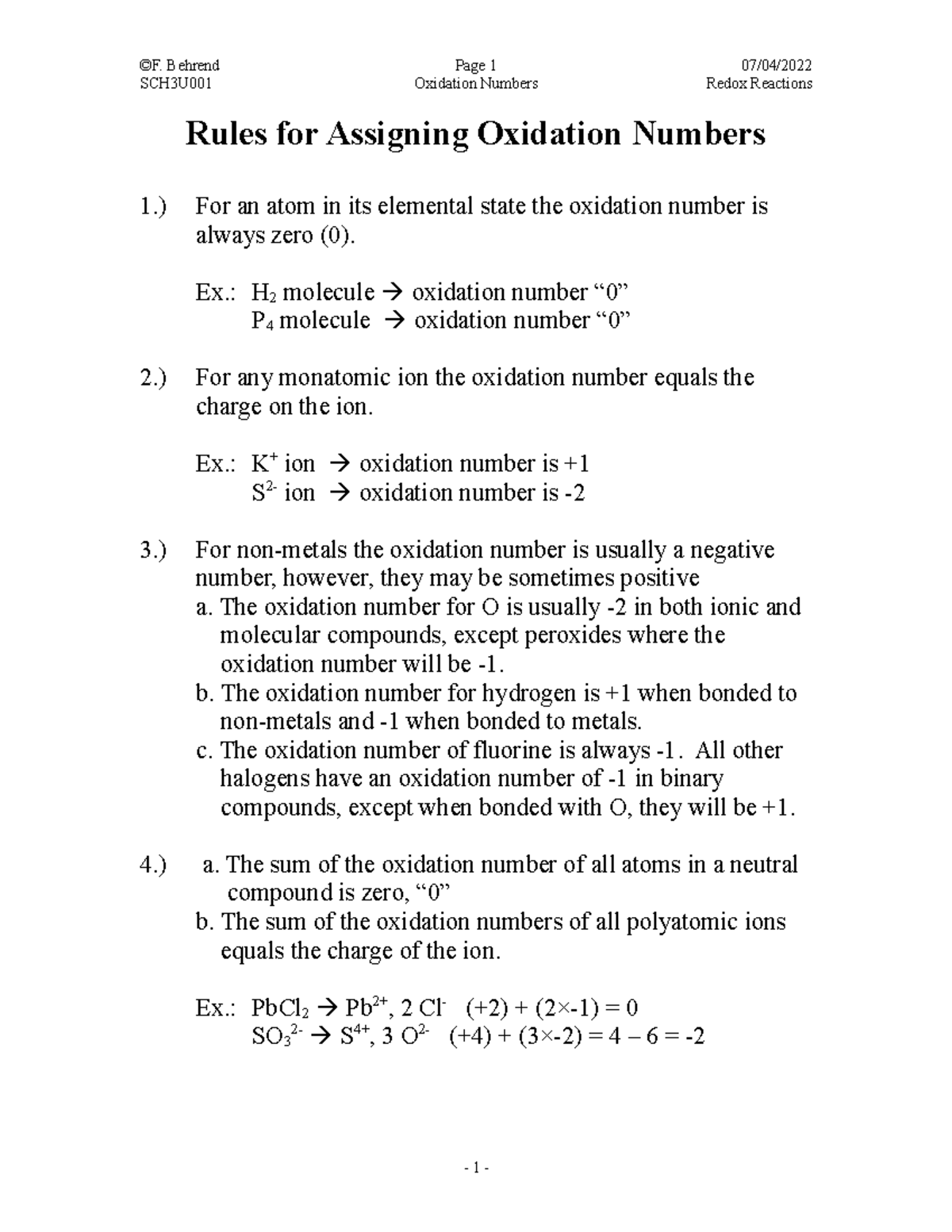 Rules for Assigning Oxidation Numbers overhead - Copy - ©F. Behrend ...