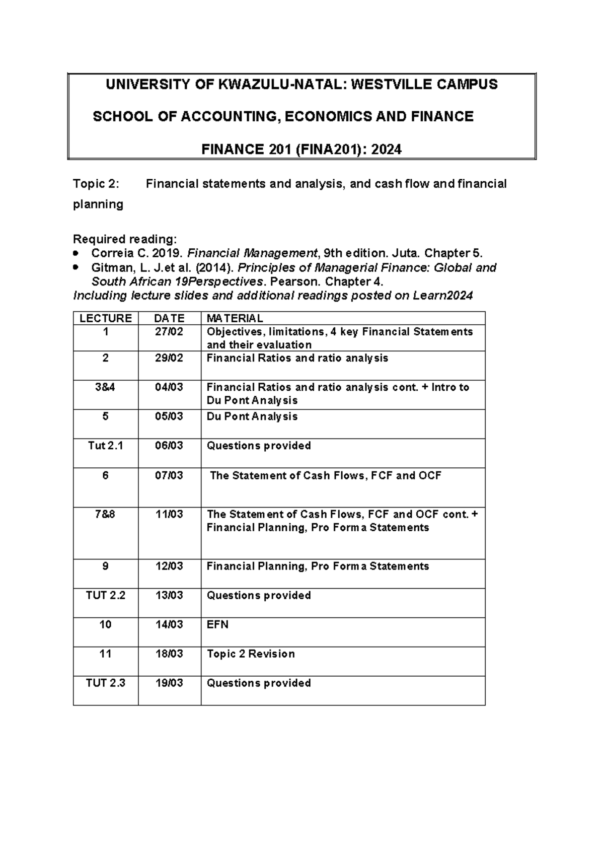 Topic 2 Outline - UNIVERSITY OF KWAZULU-NATAL: WESTVILLE CAMPUS SCHOOL ...