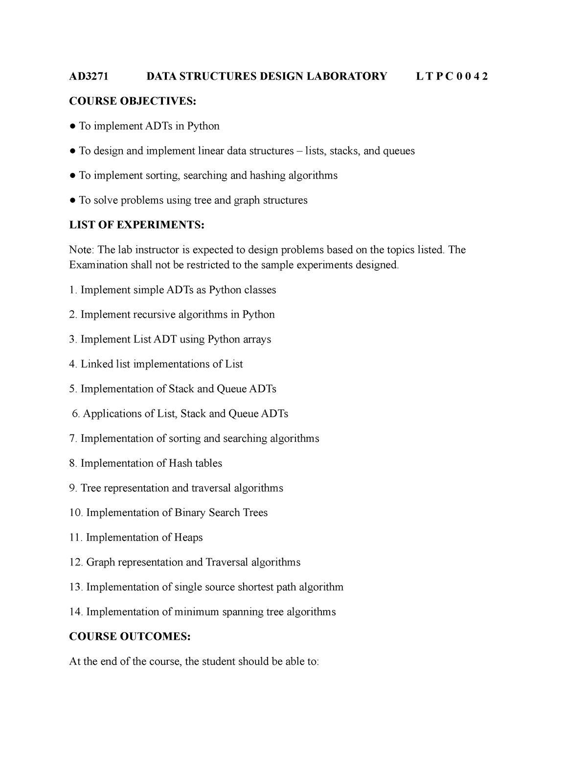 1 YR LAB Syllabus - AD3271 DATA STRUCTURES DESIGN LABORATORY L T P C 0 ...