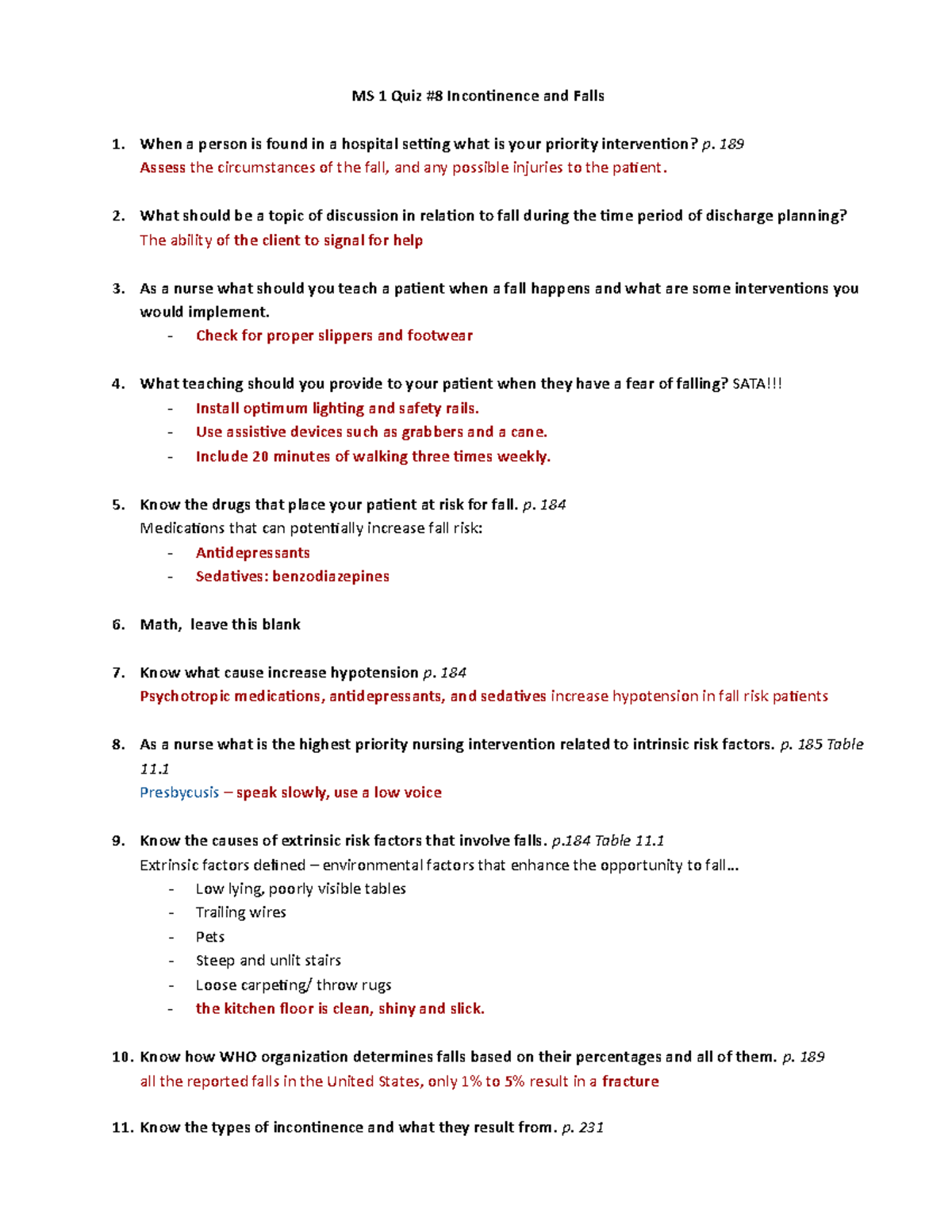 MS 1 Quiz 8 Incontinence and Falls MS 1 Quiz 8 Incontinence and