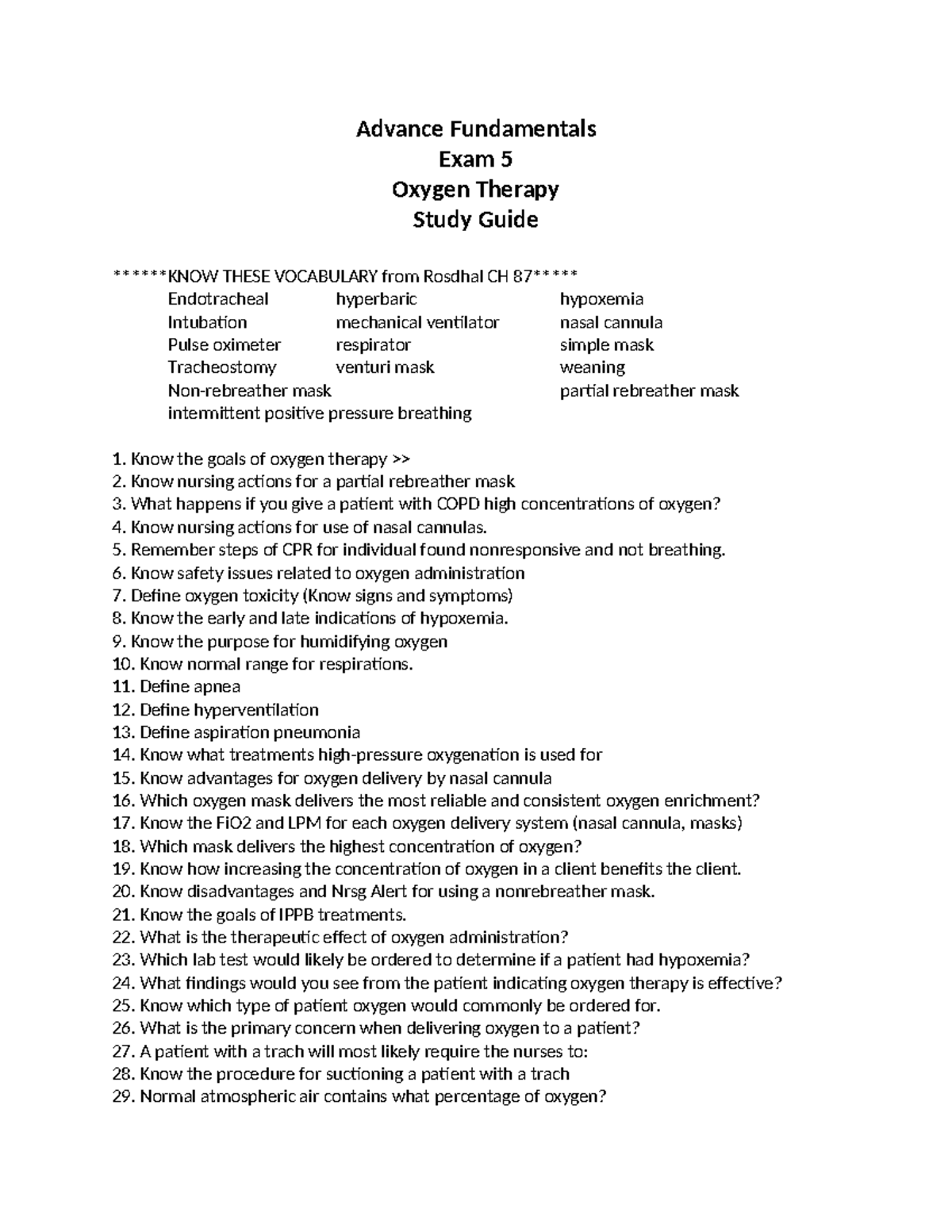 Study Guide for exam 5 (Airway) - Advance Fundamentals Exam 5 Oxygen ...