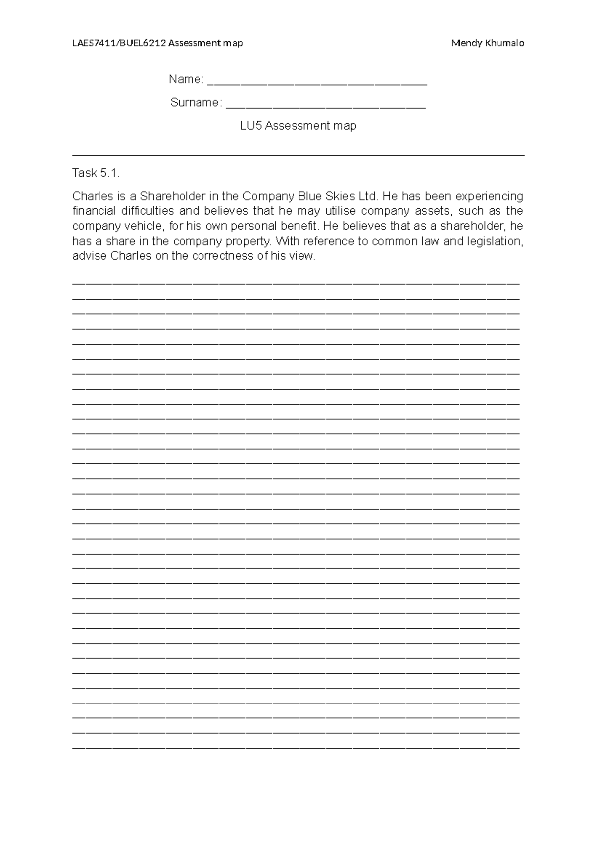 LU5 Assessment map - Name: _________________________________ Surname