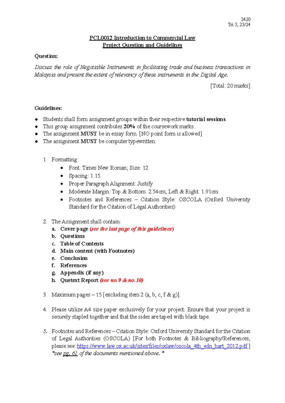 2420 PCL0012 Project Q - assigment question - 2420 Tri 3, 23/ PCL0012 ...