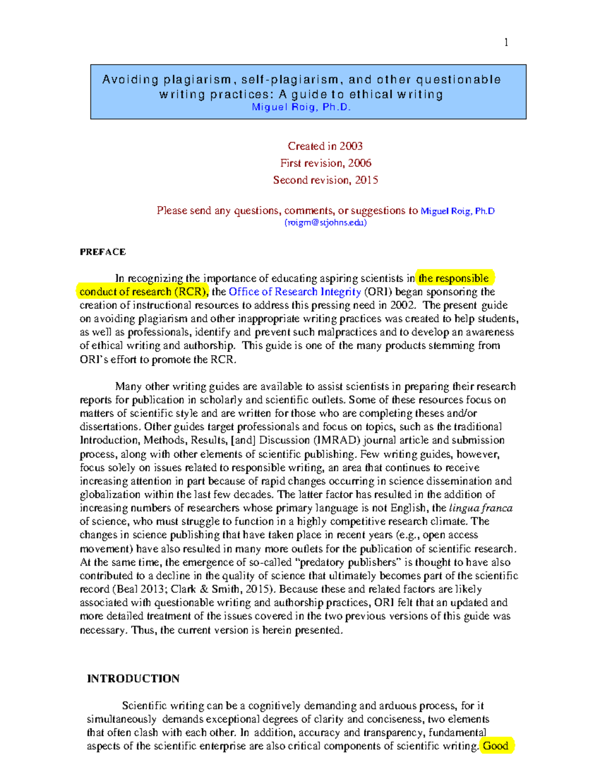 2015 .M Roig.A Guide to Ethical Writing - Created in 2003 First ...