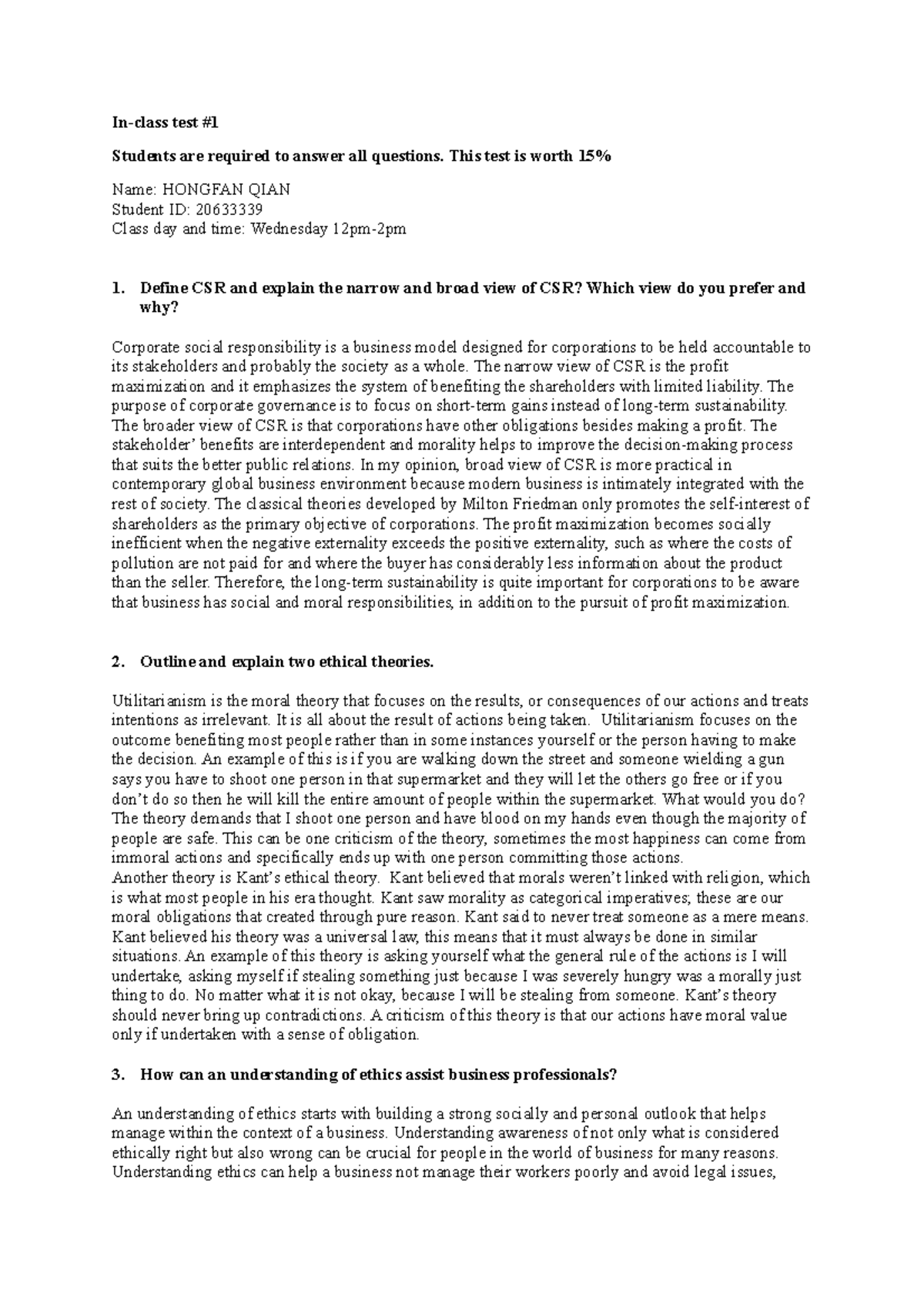 Week 6 Inclass test 1 Inclass test Students are required to answer all questions. This