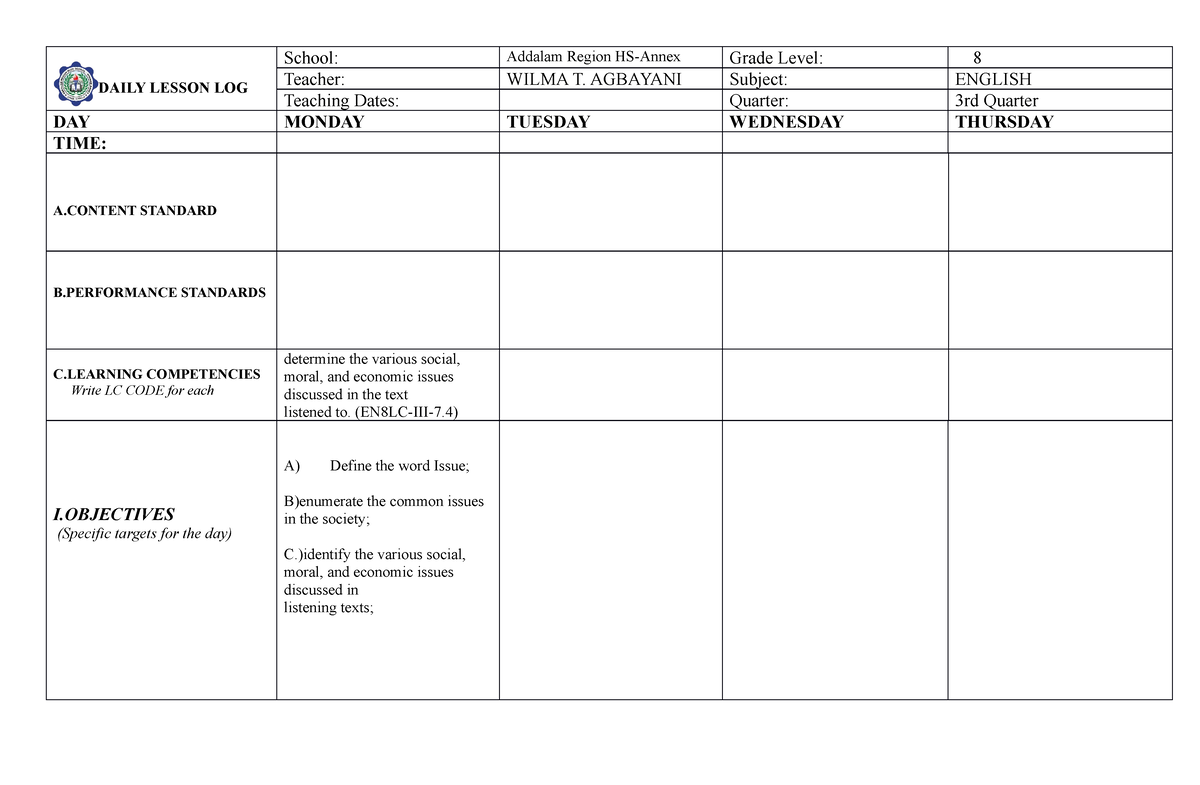 CO Englisg 8 Daily Lesson Log 3RD Quarter - DAILY LESSON LOG School ...