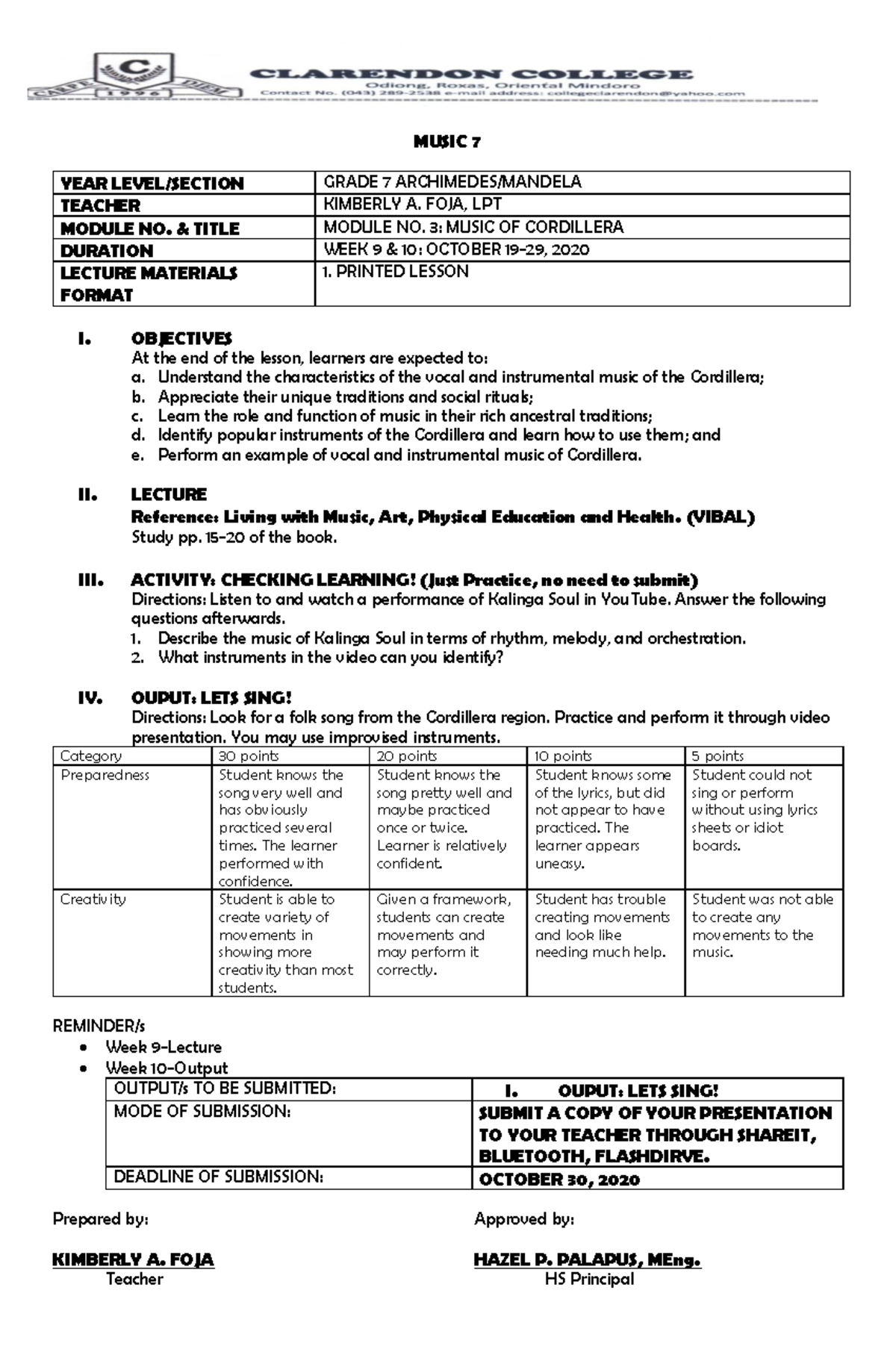 Music 7 Lecture notes - MUSIC 7 YEAR LEVEL/SECTION GRADE 7 ARCHIMEDES ...