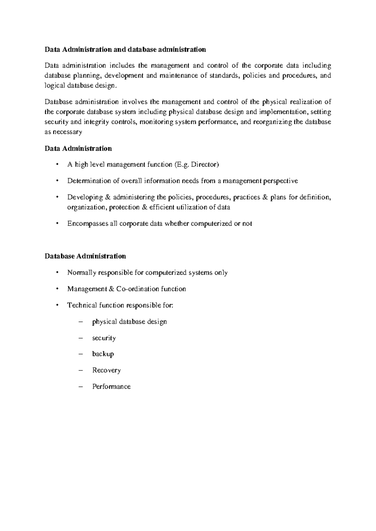 Database administration - Data Administration and database ...