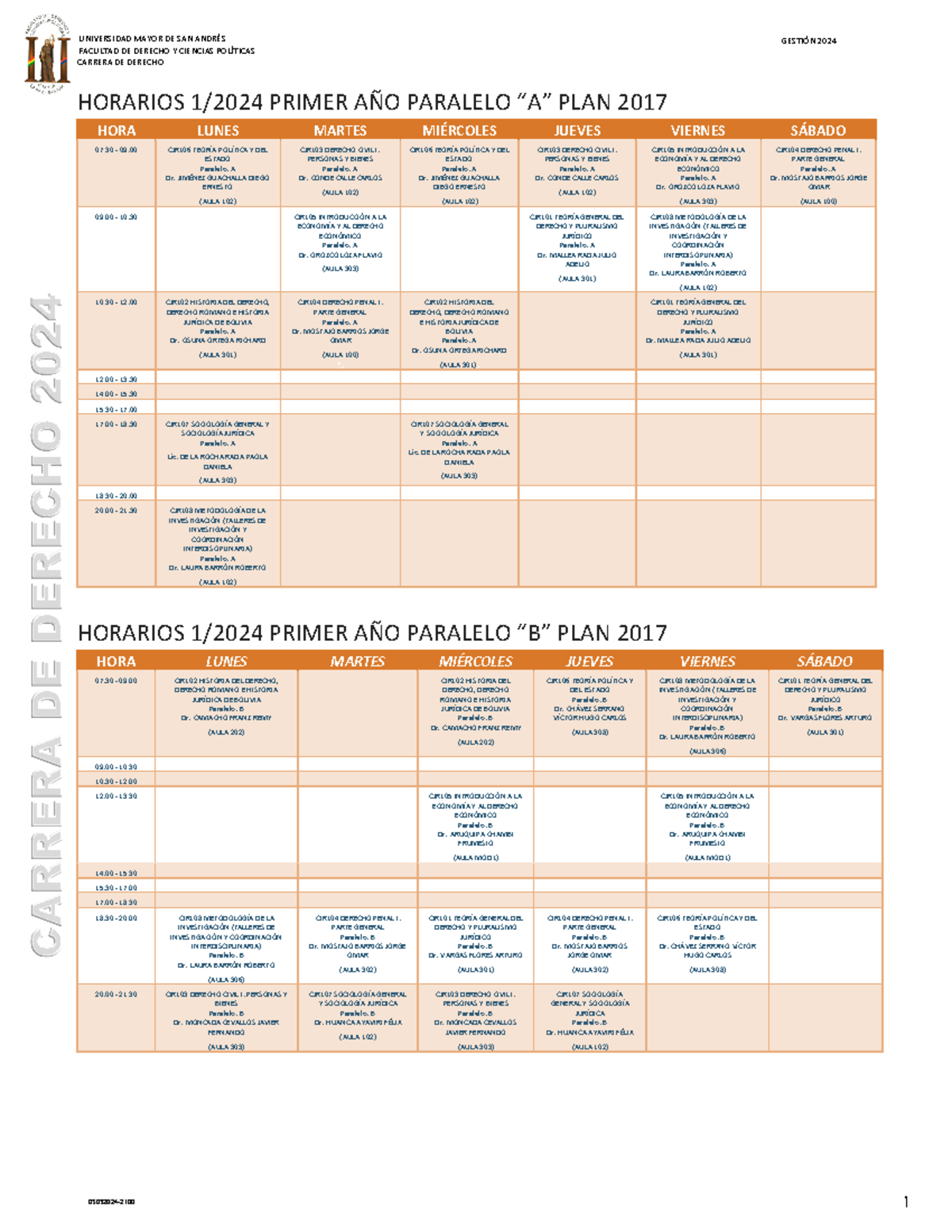 Horarios 2024 05032024 - FACULTAD DE DERECHO Y CIENCIAS POLÍTICAS ...