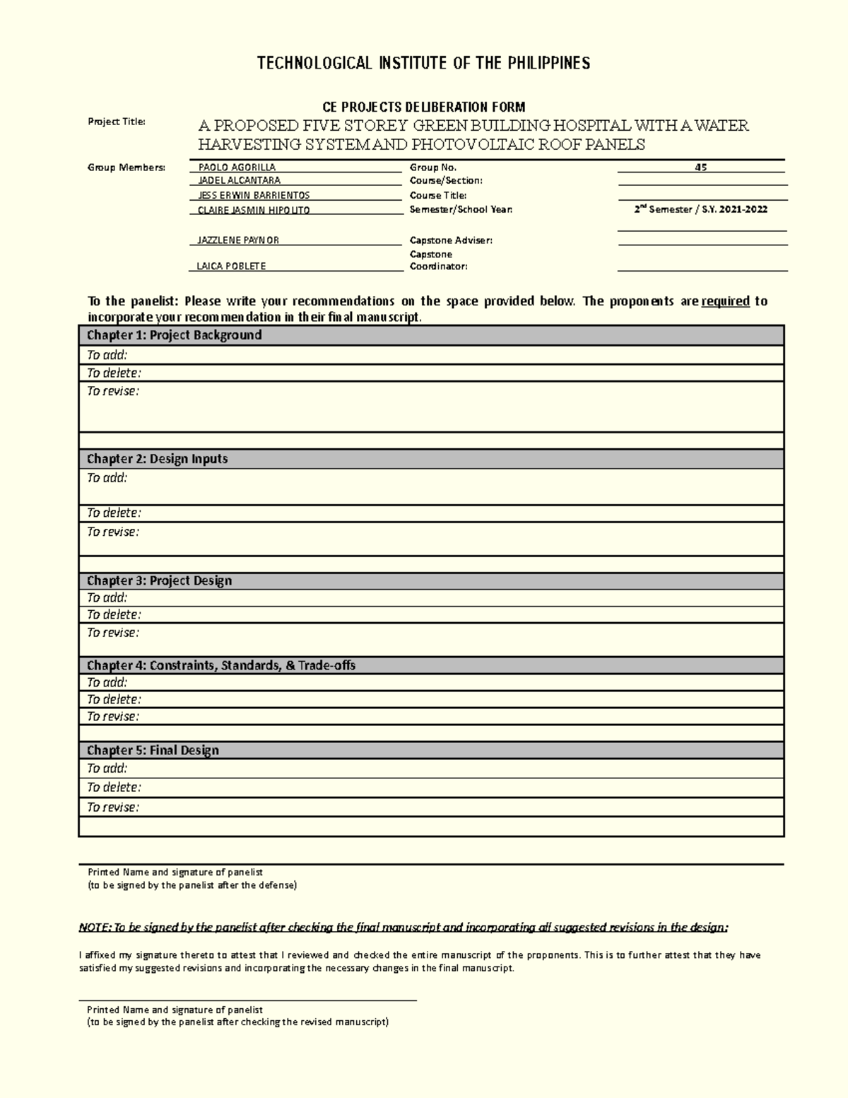 Capstone 2 Defense Deliberation Form TECHNOLOGICAL INSTITUTE OF THE