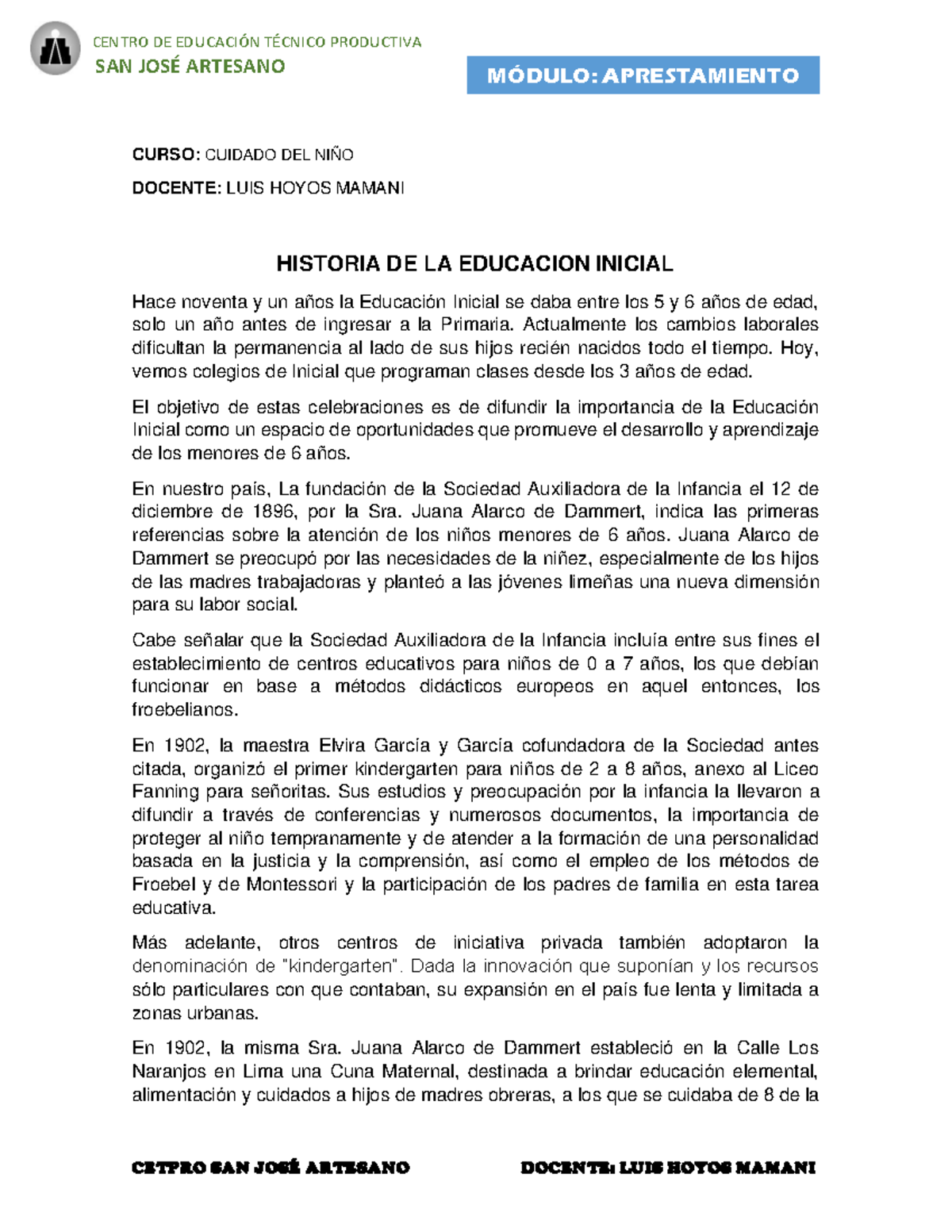 TEMA 1 Historia DE LA Educacion Inicial - CETPRO SAN JOSÉ ARTESANO ...
