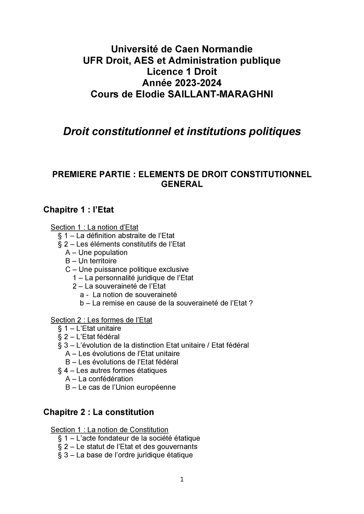 Plan Du Cours (S1) - S1 L1 - 1 Université De Caen Normandie UFR Droit ...