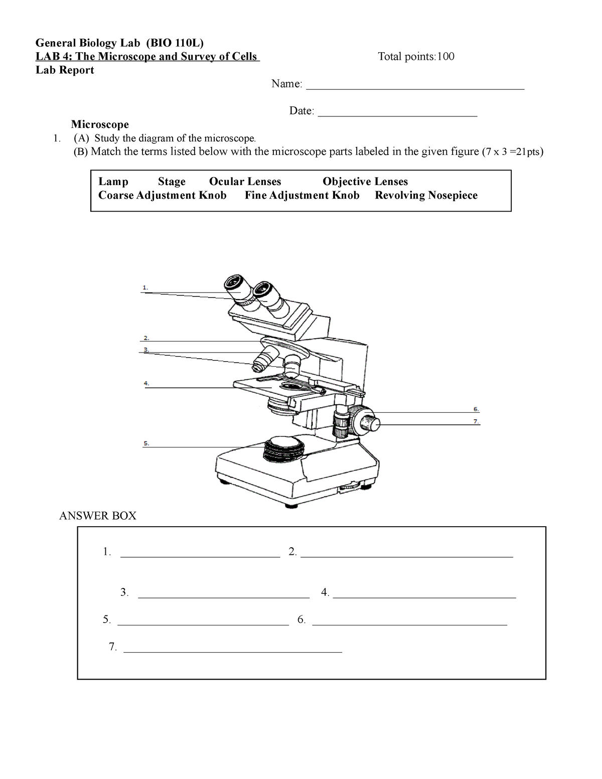 General Biology Lab (BIO 110L) LAB 4: The Microscope and Survey of ...