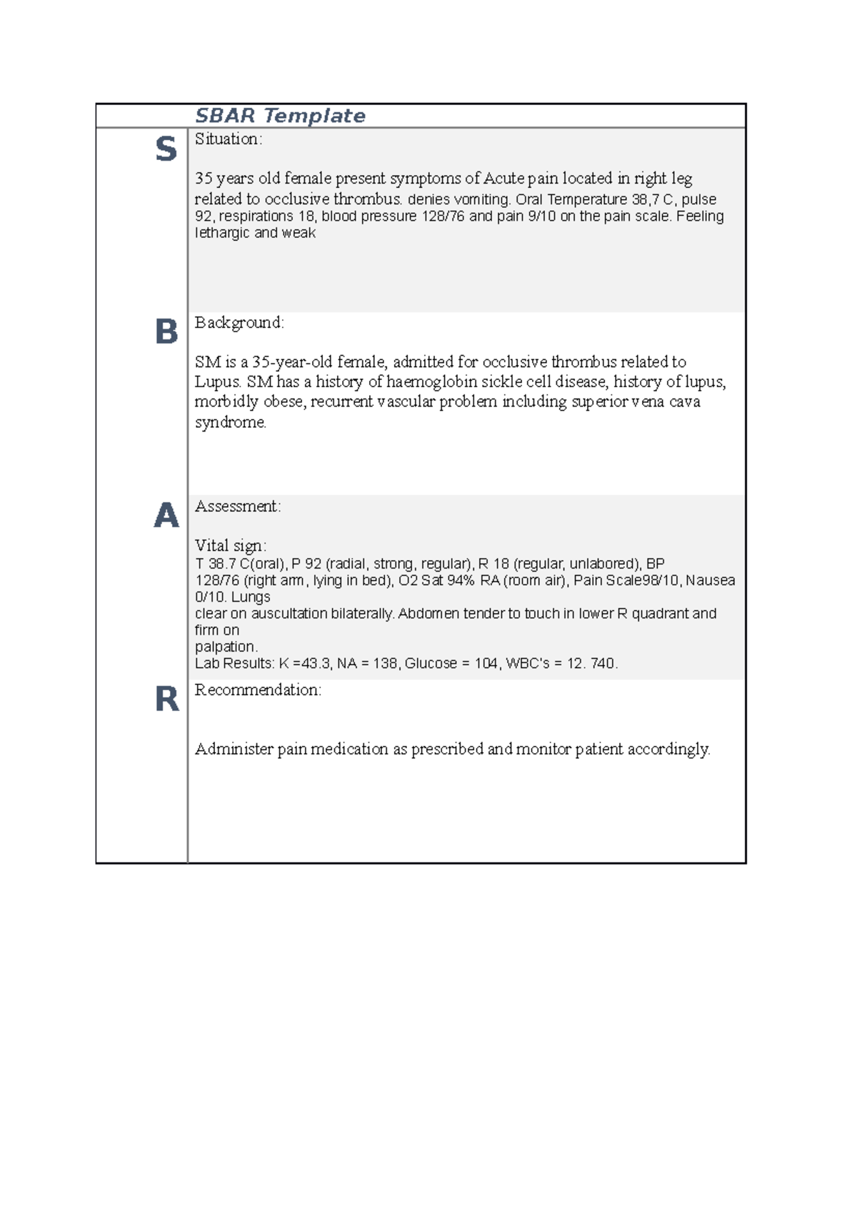 Sbar template 01 - notes - SBAR Template S Situation: 35 years old ...