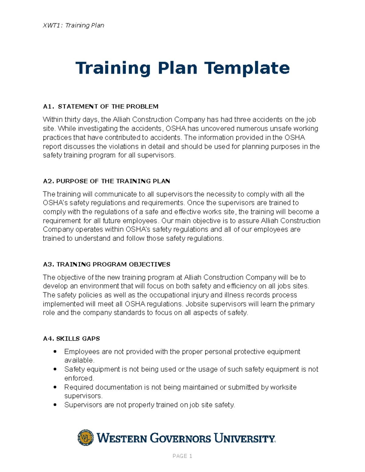 C235 Training Plan Submission TASK 1 - XWT1: Training Plan Training ...