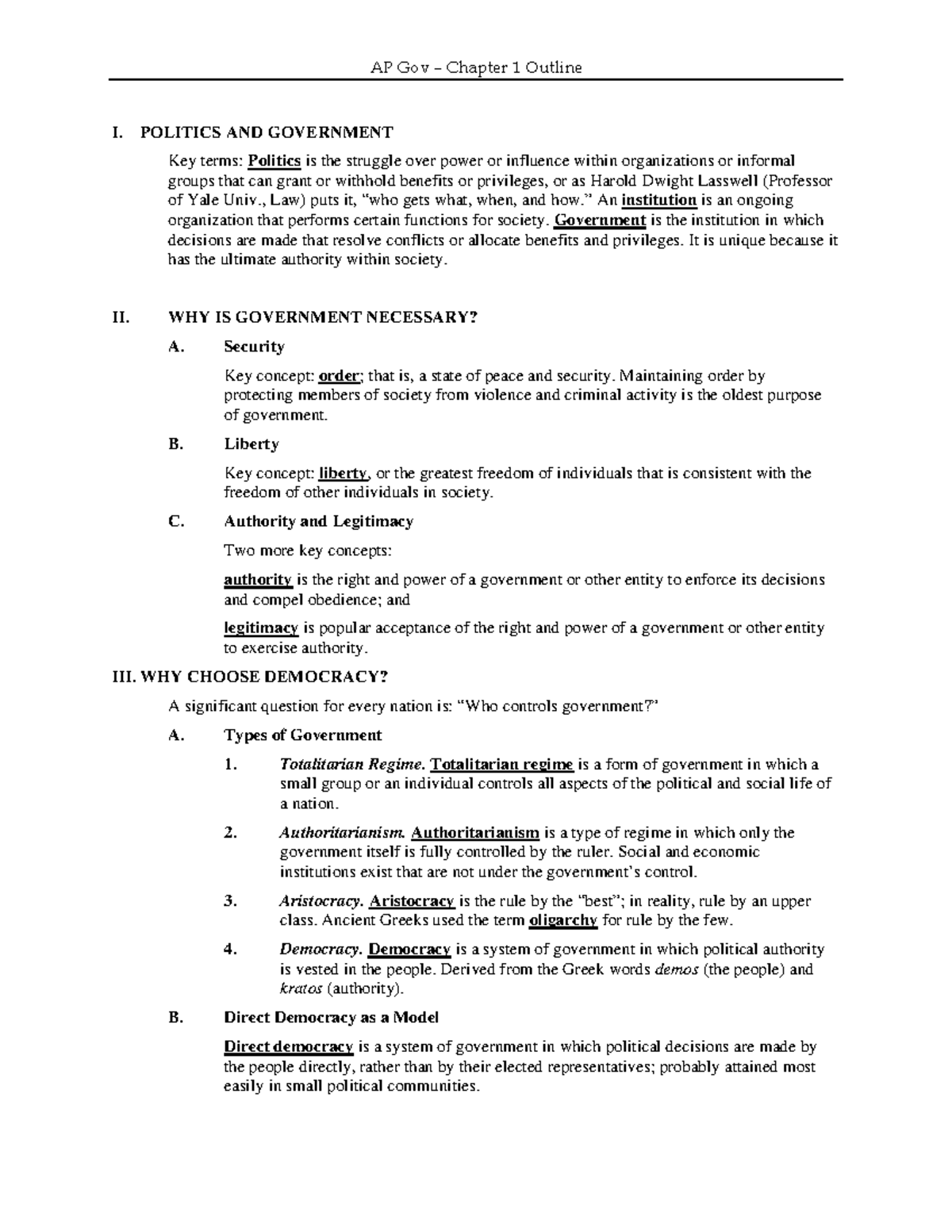 AP Government CH01 Outline 2016 - I. POLITICS AND GOVERNMENT Key Terms ...