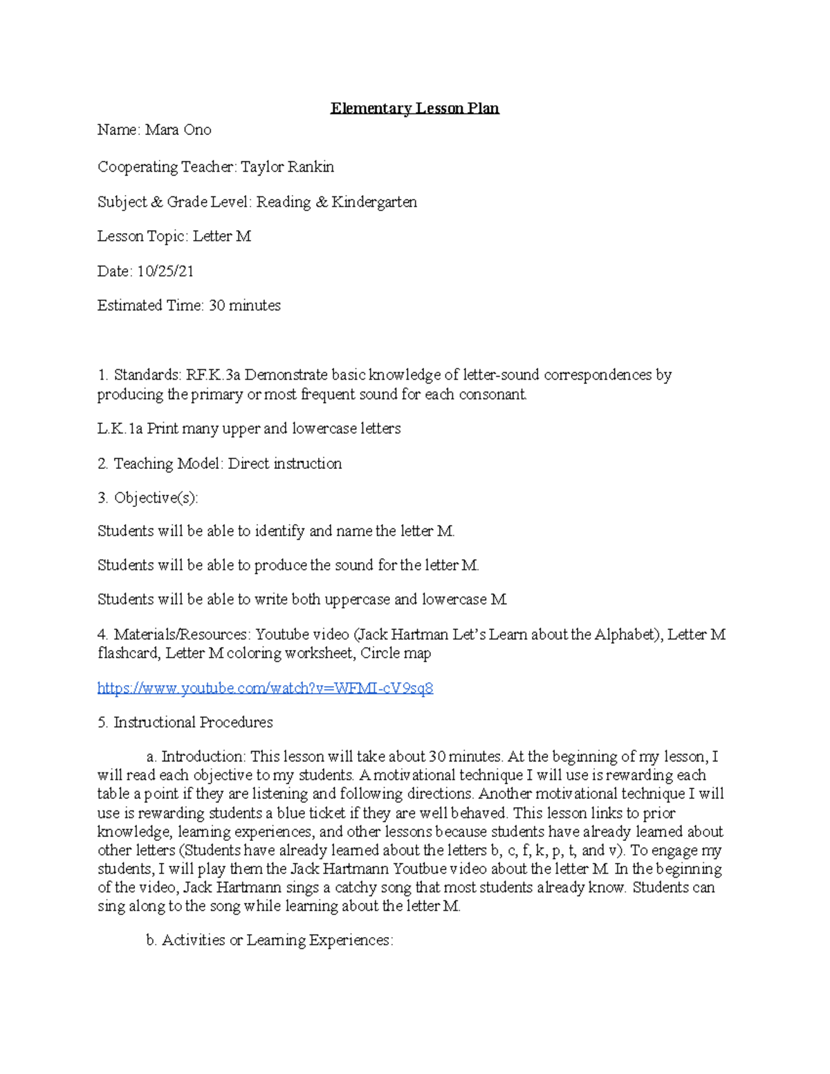 Lesson Plan #1 assignment - Elementary Lesson Plan Name: Mara Ono ...