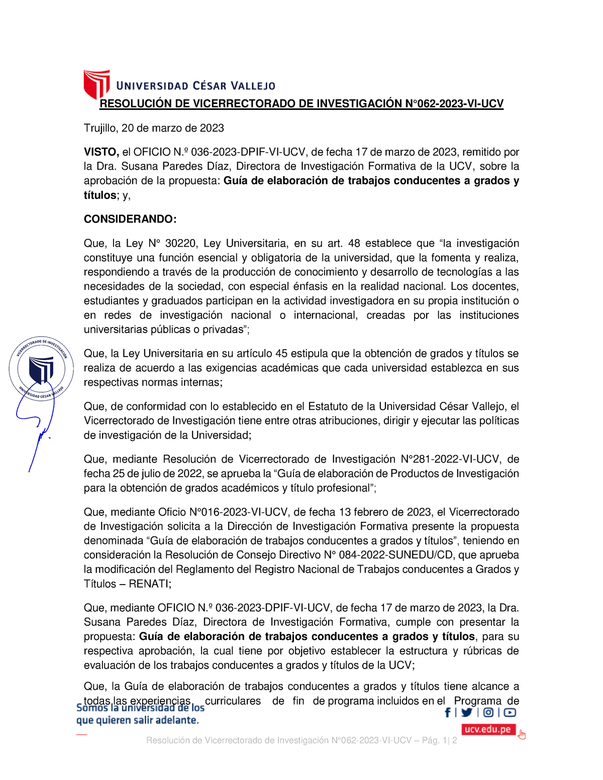 RVI N°062-2023-VI-UCV Aprueba Guía De Elaboración De Trabajos ...