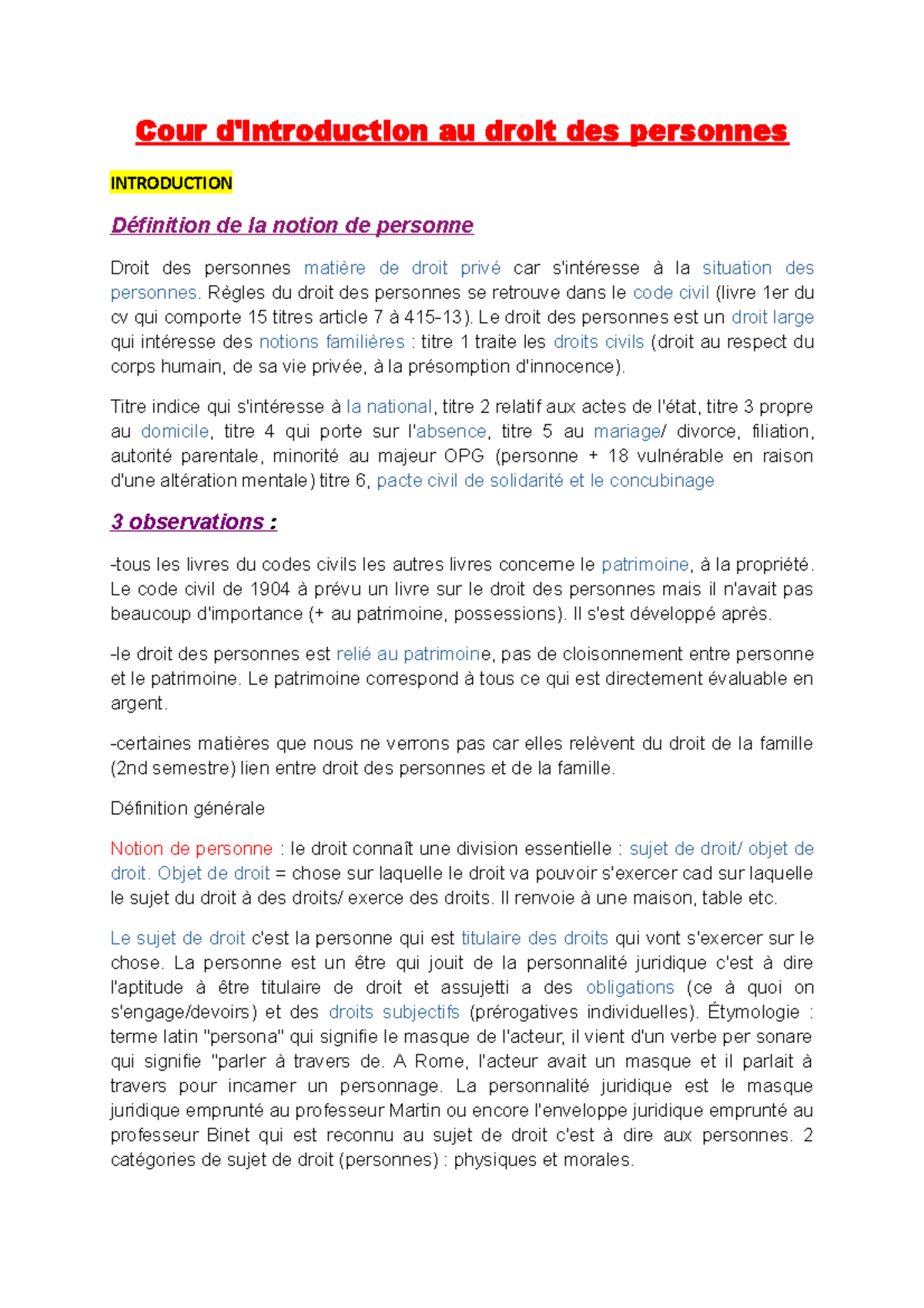 Introduction au droit des personnes - Cour d'introduction au droit des ...