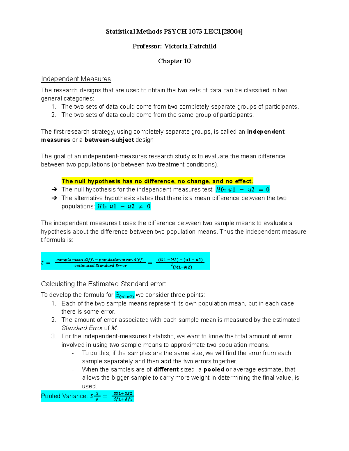 Stats Methods Chapter 10 - Statistical Methods PSYCH 1073 LEC1[28004 ...