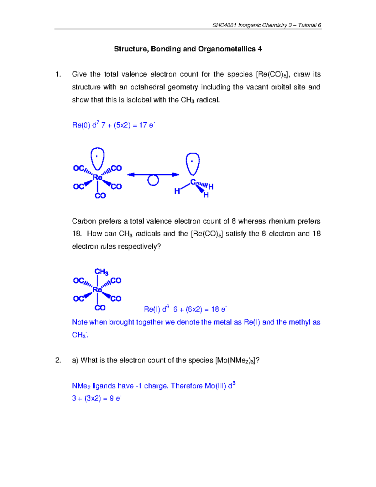 Tutorial 6 - Bonding & Organometallics 4 Answers - SHC4001 Inorganic ...