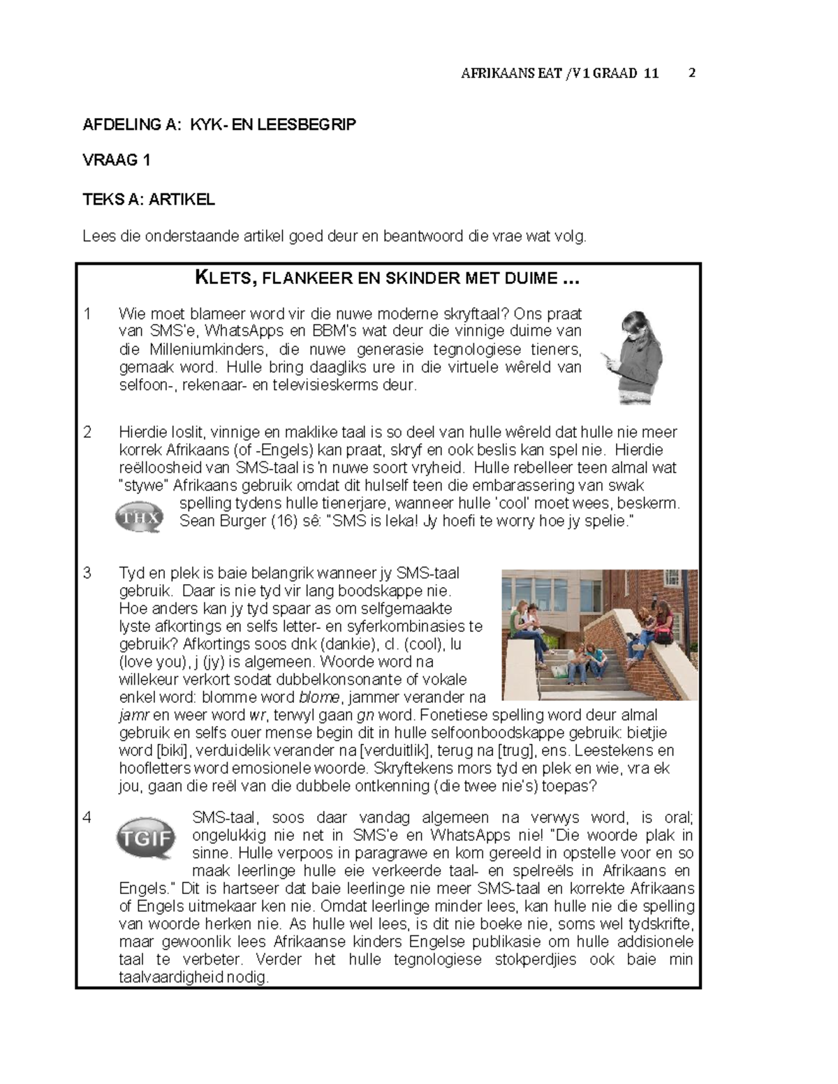 GR 11 EAT V1 - Hi there - AFRIKAANS EAT /V1 GRAAD 11 2 AFDELING A: KYK ...