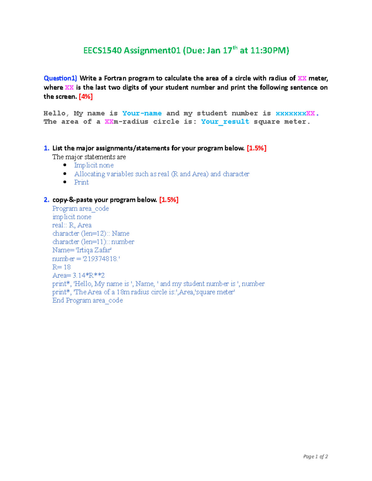 EECS 1540 Assignment 1 - EECS1540 Assignment01 (Due: Jan 17 Th At 11 ...