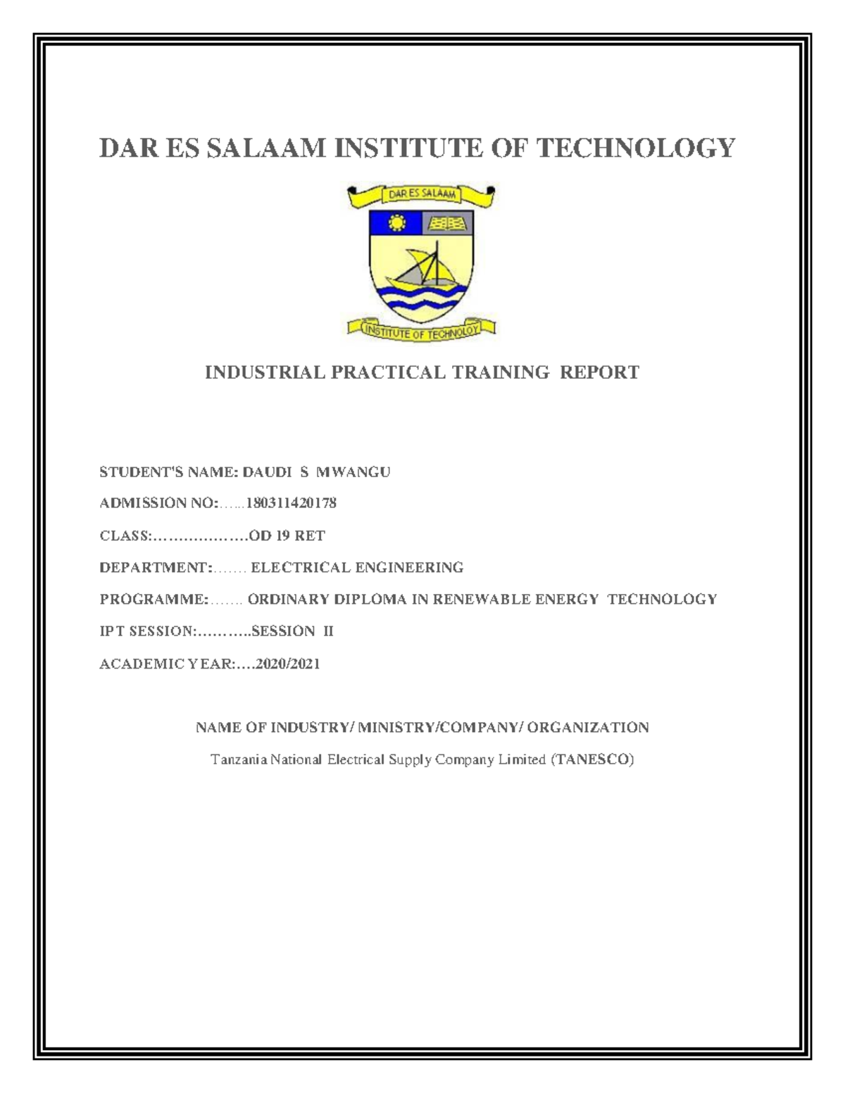 New IPT Tanesco - DAR ES SALAAM INSTITUTE OF TECHNOLOGY INDUSTRIAL ...