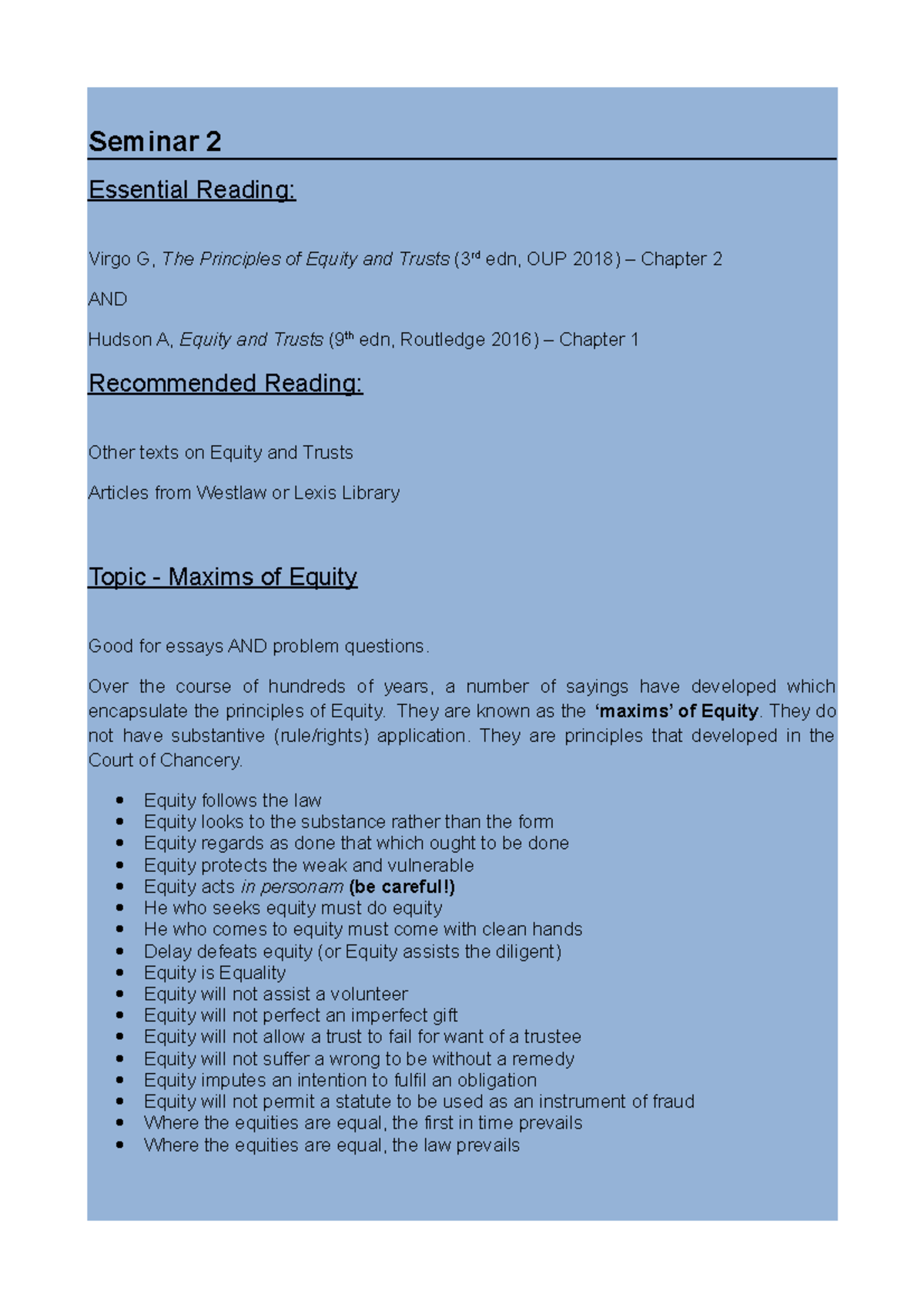 Seminar 2 Maxims of Equity Seminar exercise 2018 - Seminar 2 Essential ...