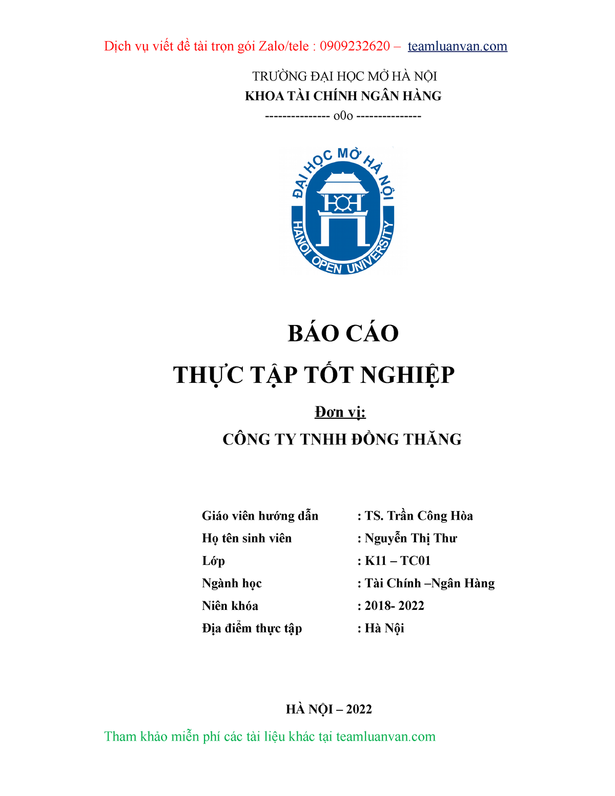 Báo Cáo Thực Tập Phân Tích Tài Chính Tại Công Ty Đồng Thăng - TRƯỜNG ĐẠI HỌC MỞ HÀ NỘI KHOA TÀI - Studocu