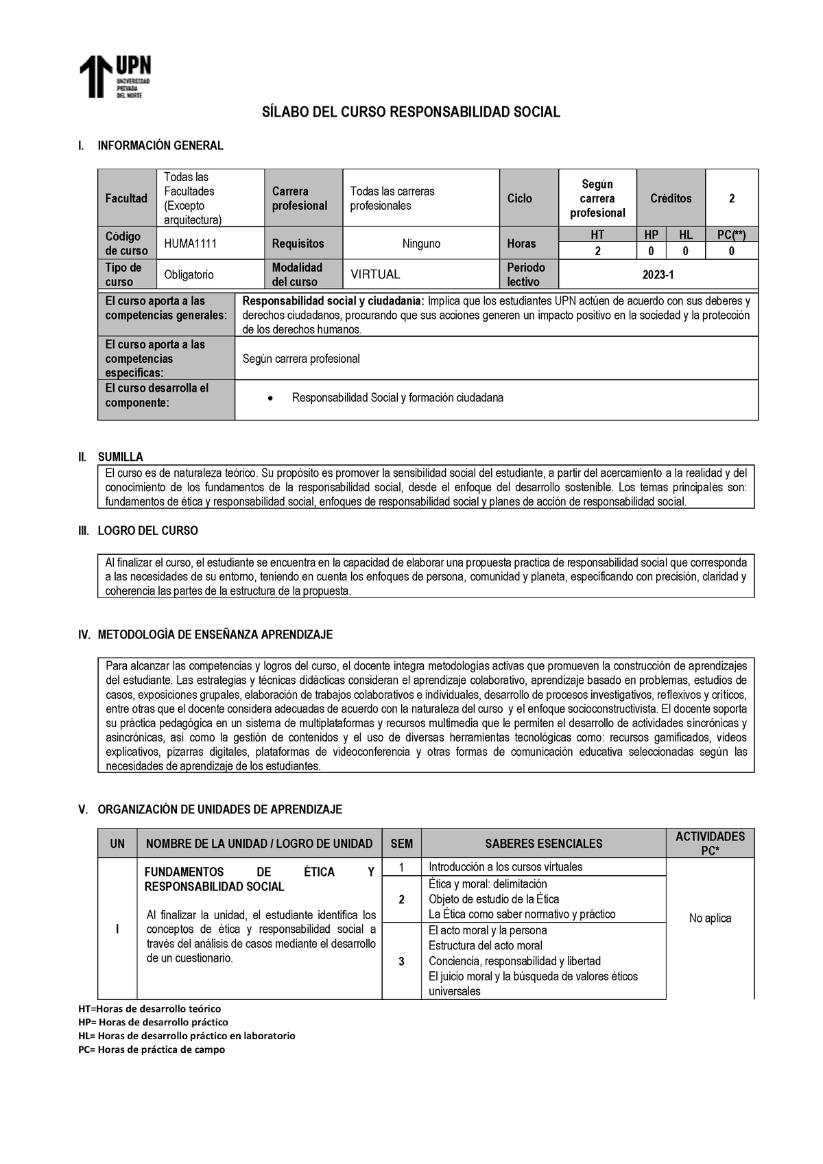 Silabo De Responsabilidad Social Ht Horas De Desarrollo Te Rico Hp Horas De Desarrollo Pr