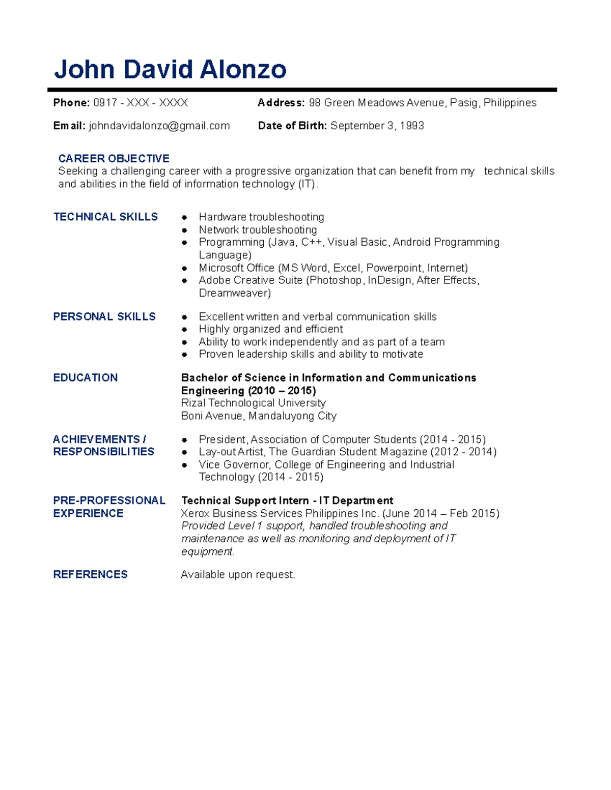 Job Street Sample Resume 3 - John David Alonzo Phone: 0917 - Xxx - Xxxx 