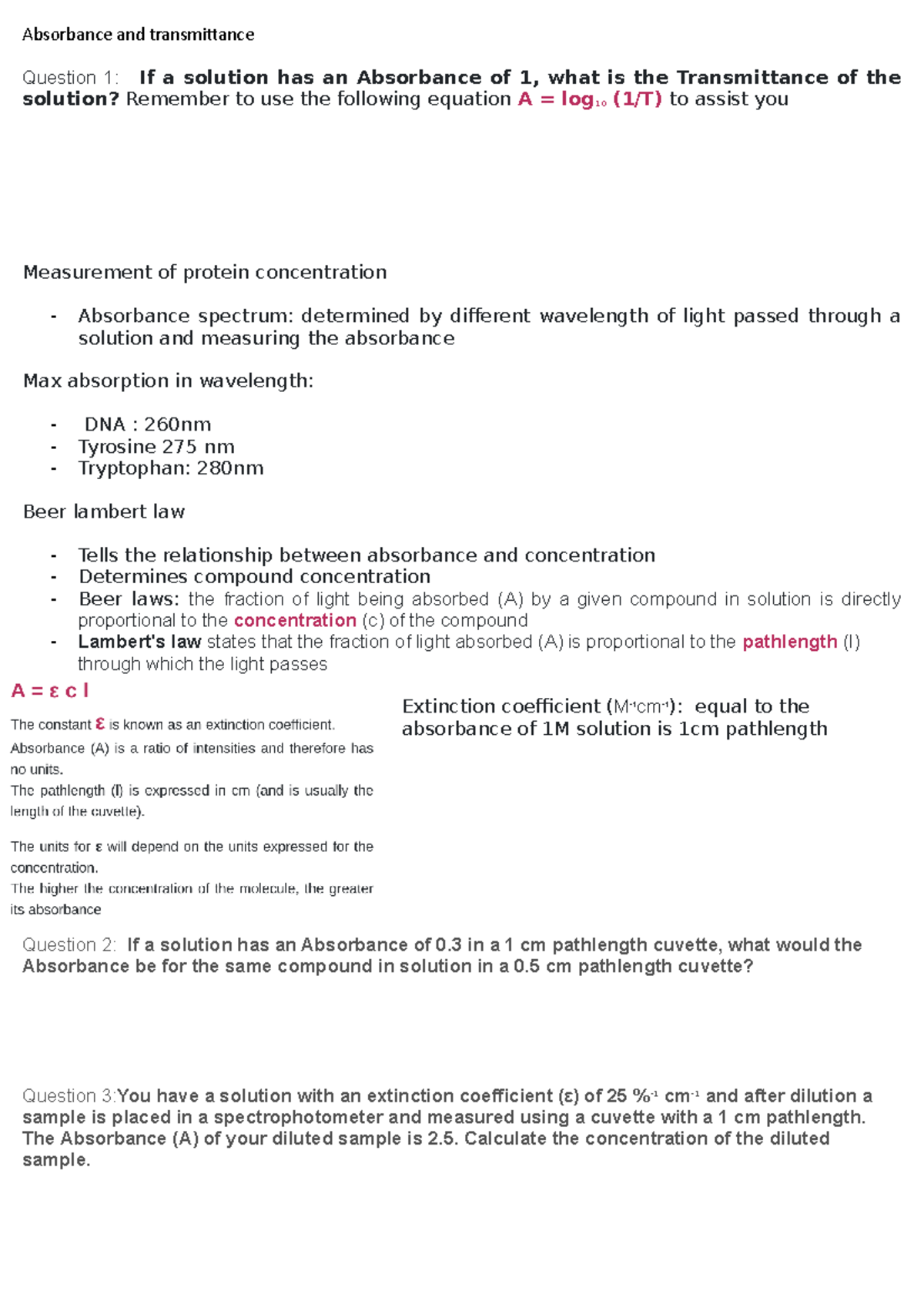 online practical 1 notes - Absorbance and transmittance Question 1: If ...