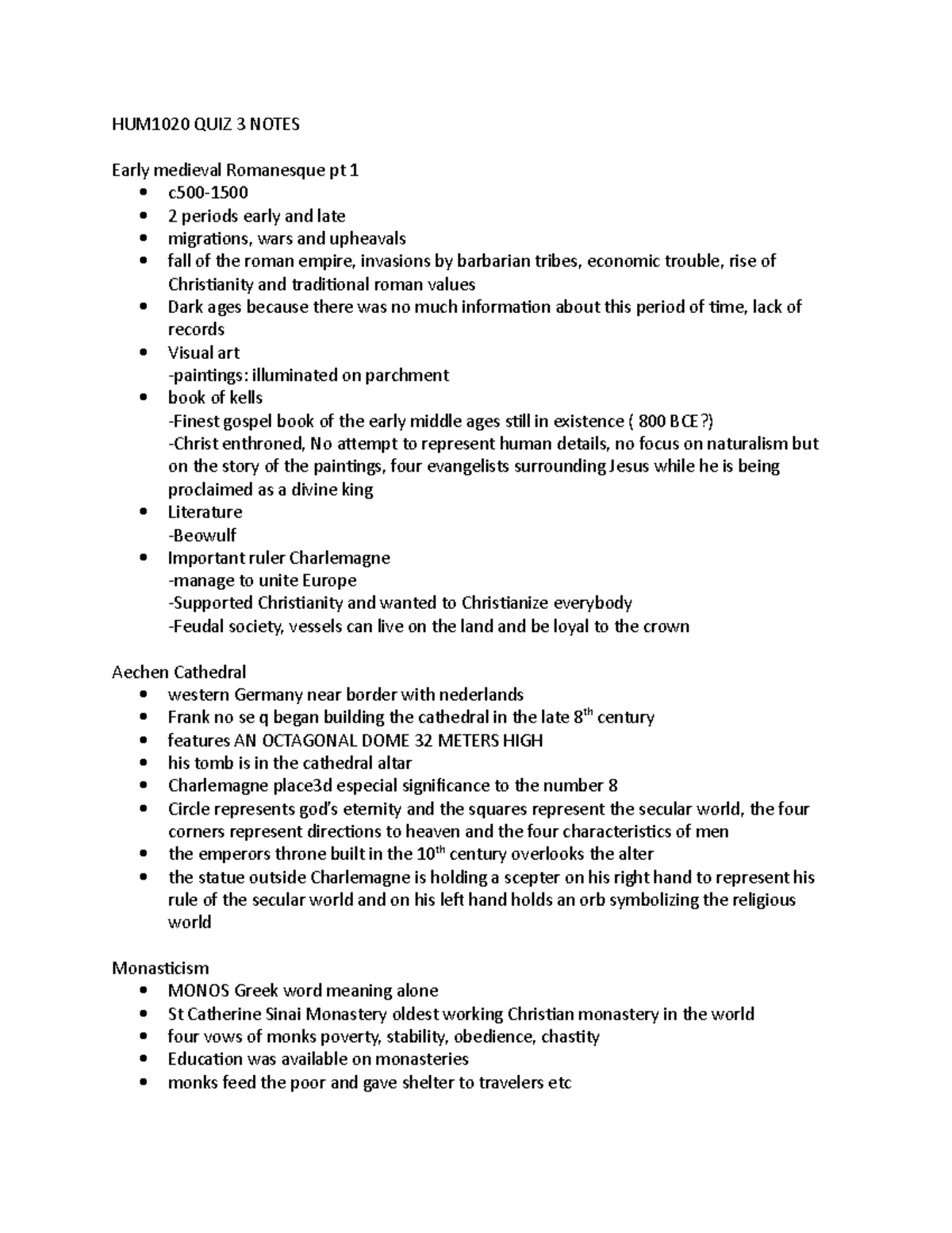 HUM1020 QUIZ 3 Notes - Humanities - HUM1020 QUIZ 3 NOTES Early Medieval ...