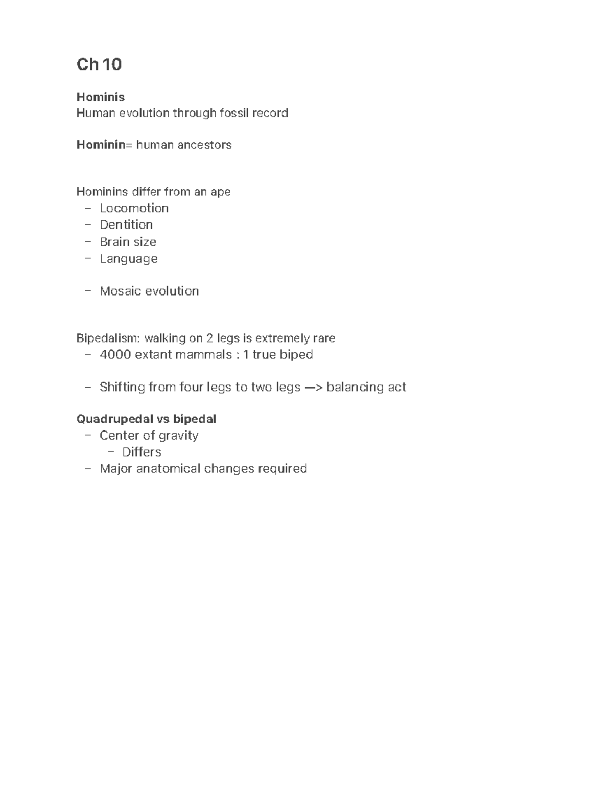 Ch 10 notes anth 101 - – – – – – – – – – – Ch 10 Hominis Human ...