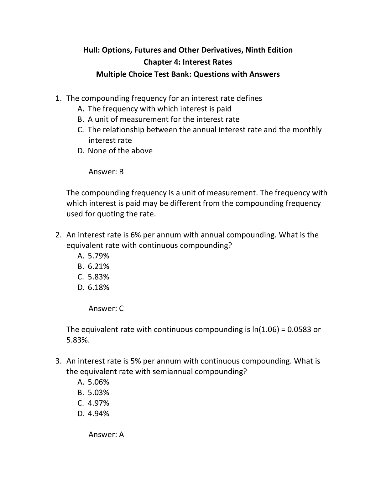 Hull OFOD9e Multiple Choice Questions And Answers Ch04 - Hull: Options ...