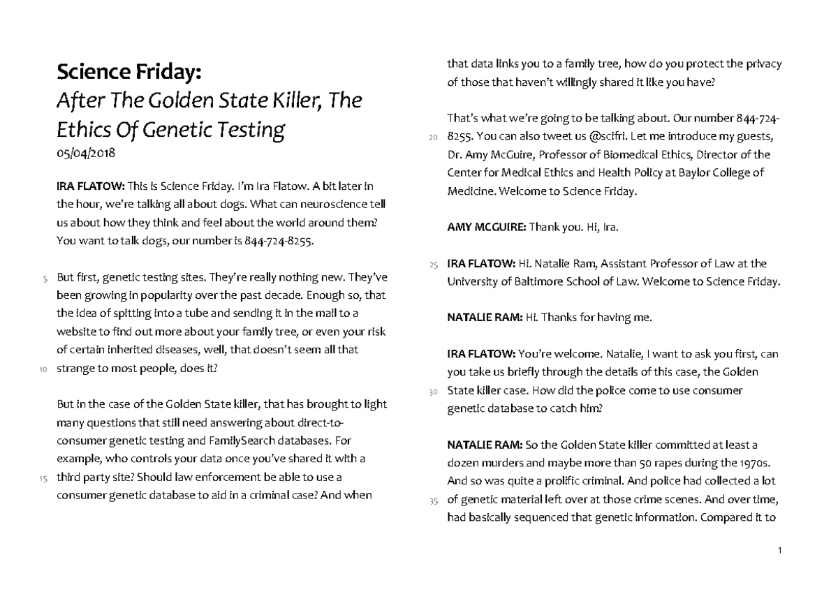 1.2.08 Science Friday - Ethics of Genetic Testing - Transcript - Sc ien ...