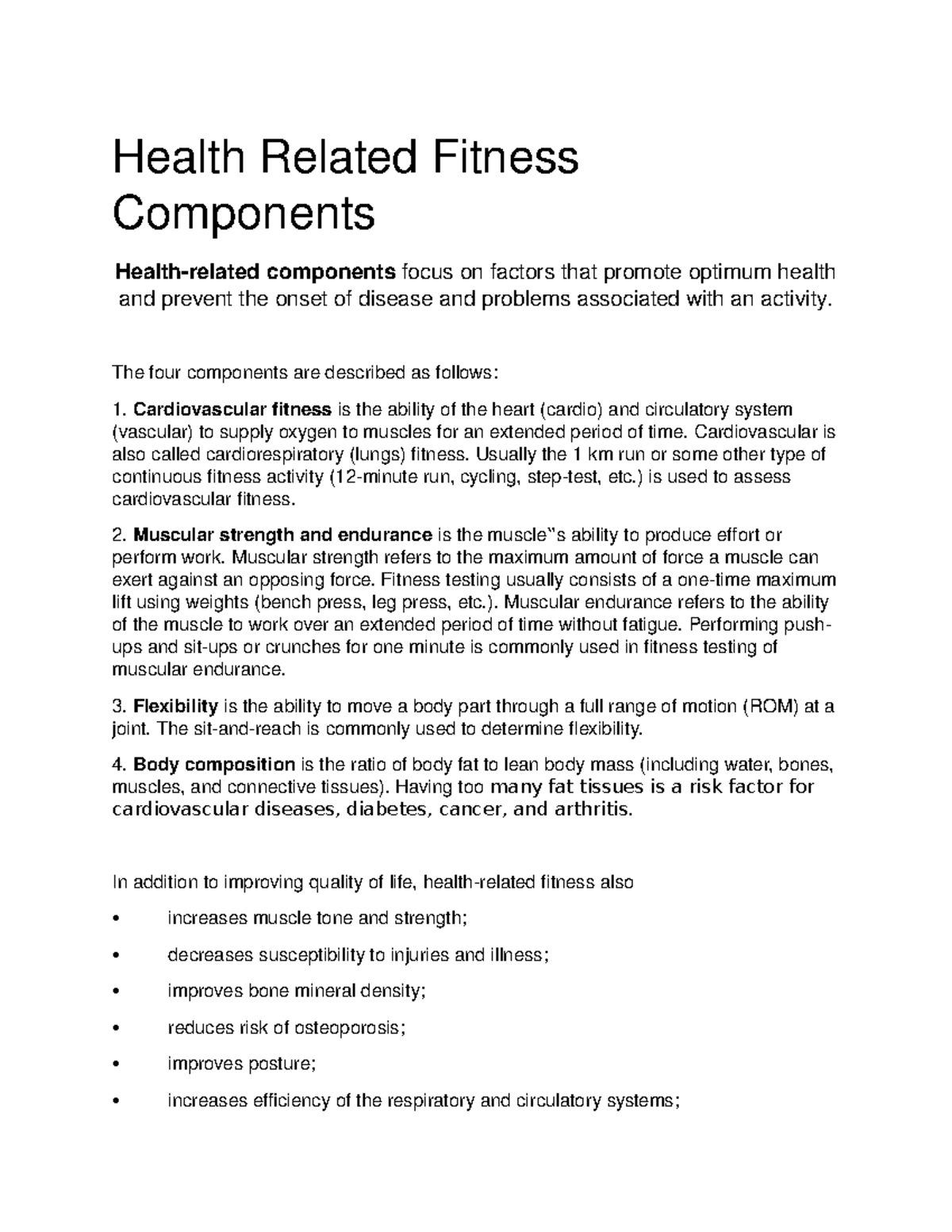 Health Related Fitness Components - Physical Education 1 - TIP - Studocu
