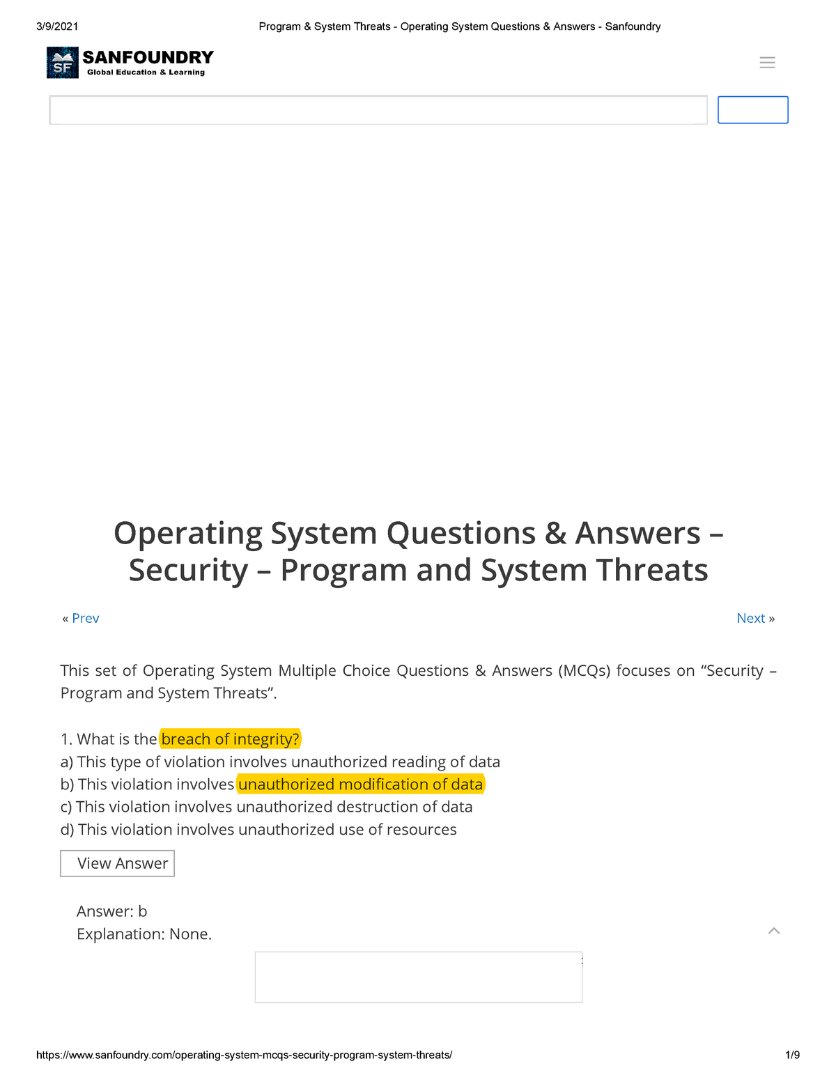 Program & System Threats - Operating System Questions & Answers - Sanfoundry - « Prev Next ...