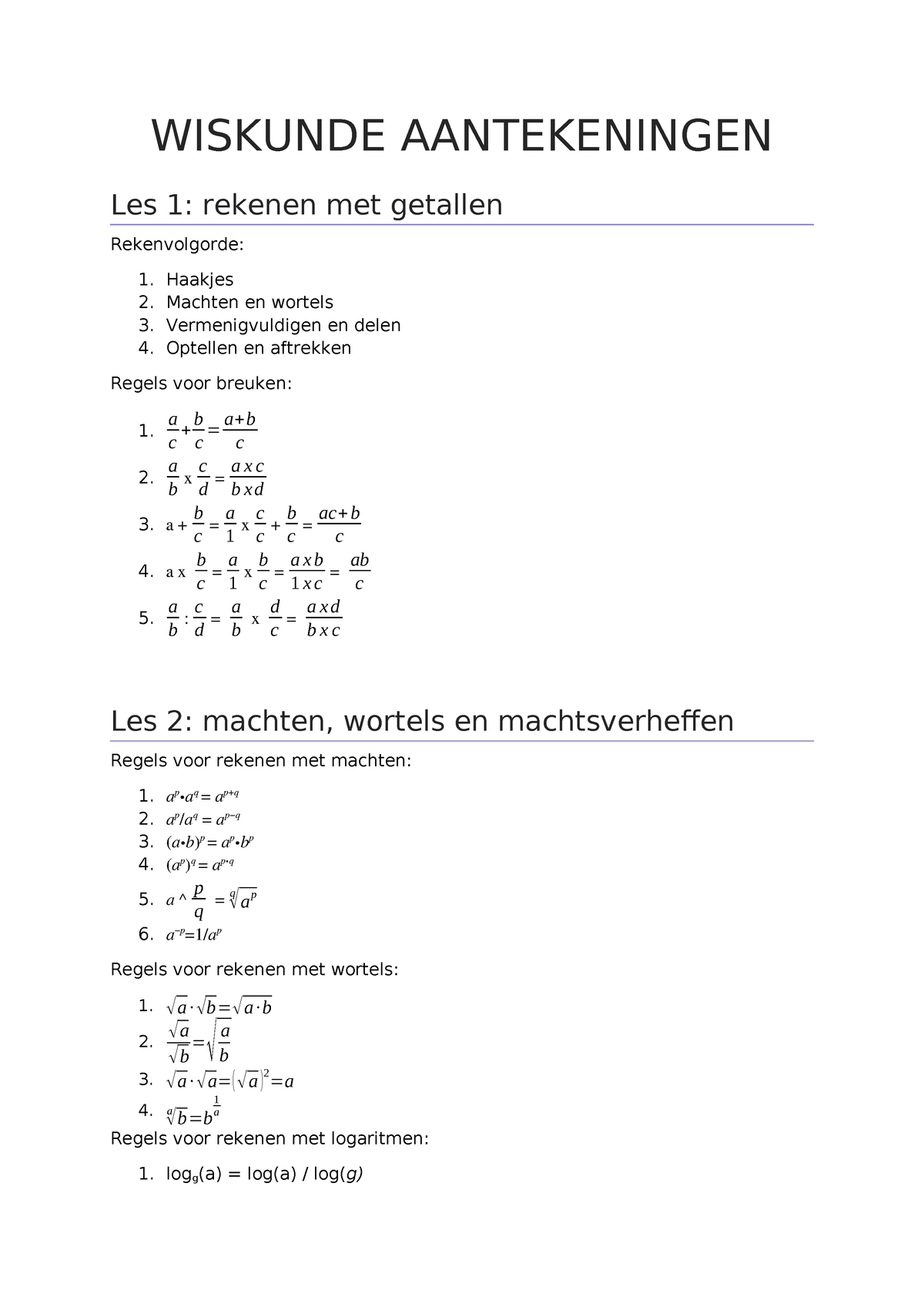 Wiskunde Samenvatting - WISKUNDE AANTEKENINGEN Les 1: Rekenen Met ...