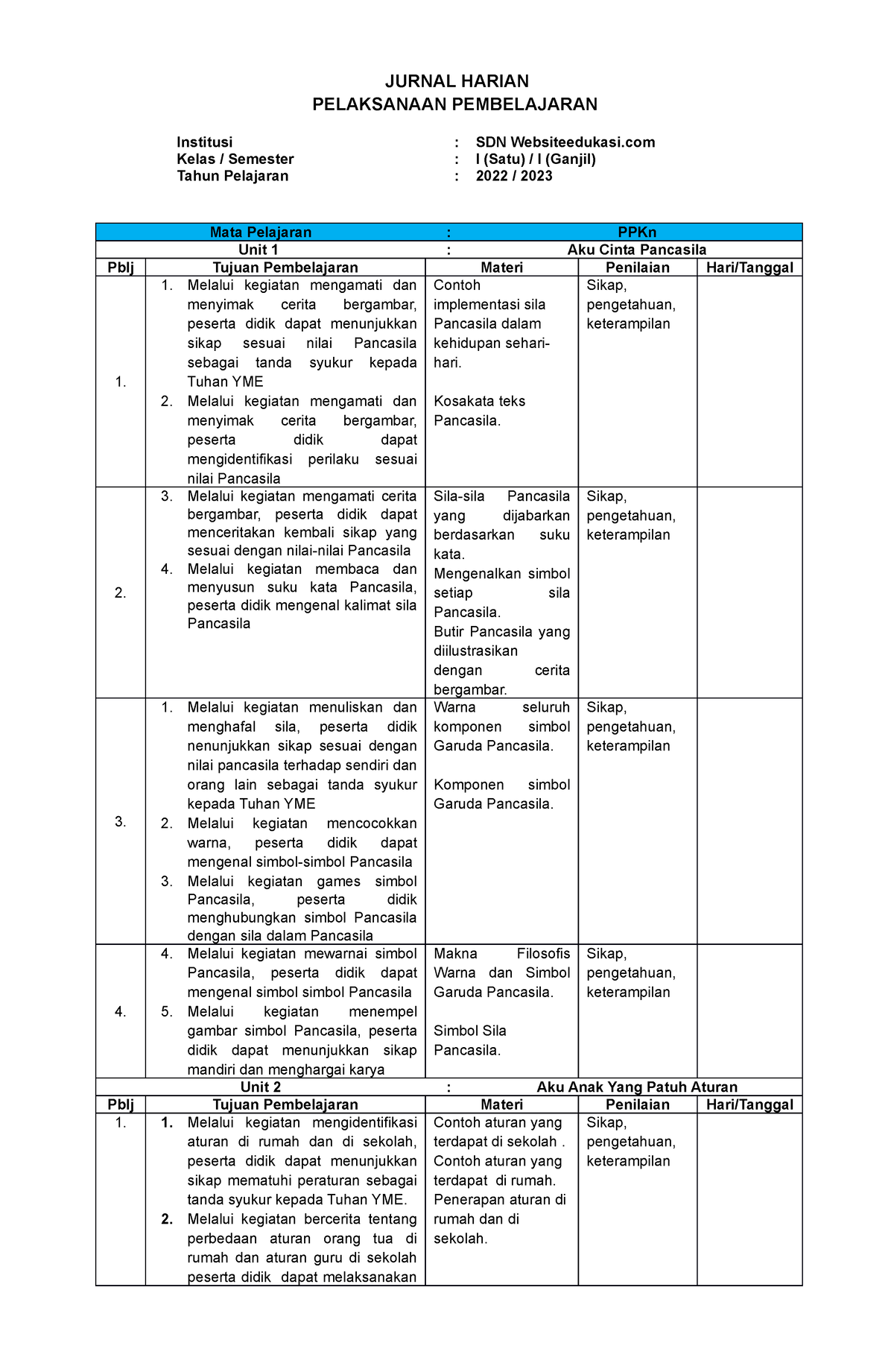 Jurnal Harian Kelas 1 Semester 1 Kurmer - JURNAL HARIAN PELAKSANAAN ...