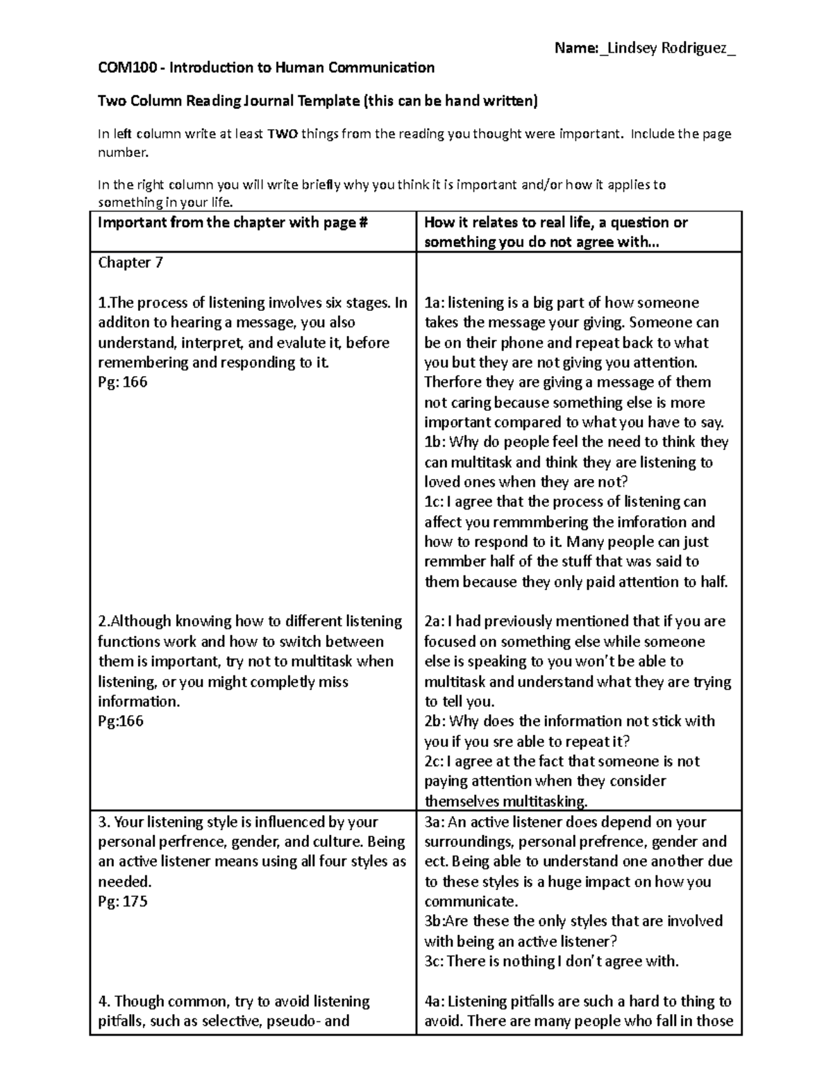 7 Journal - Name:Lindsey Rodriguez COM100 - Introduction to Human ...