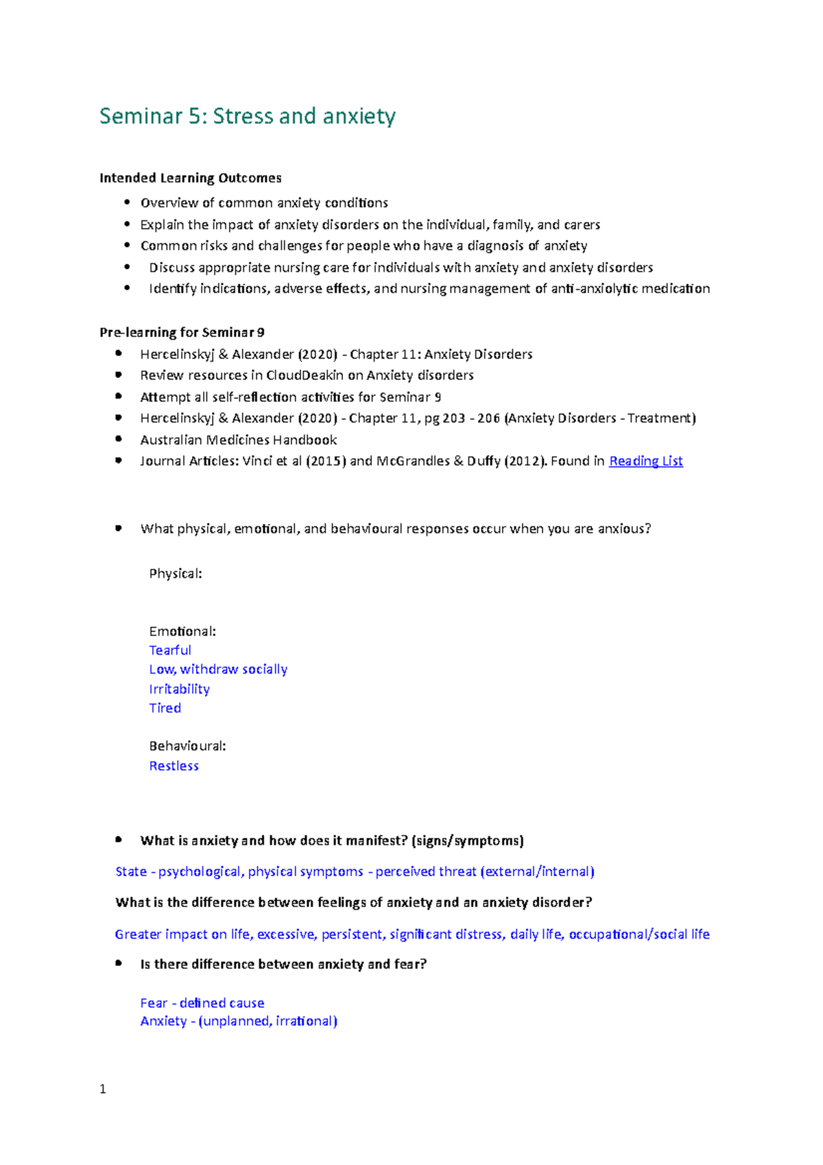 Seminar 5 - Lecture notes 5 - Seminar 5: Stress and anxiety Intended ...