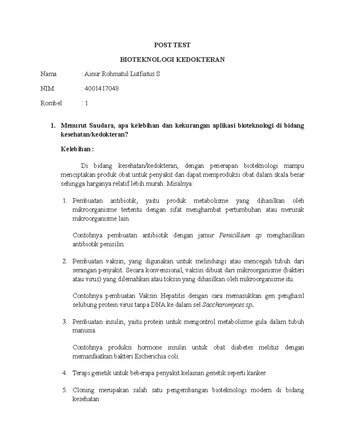 4001417048 POST TEST Bioteknologi Kedokteran POST TEST BIOTEKNOLOGI