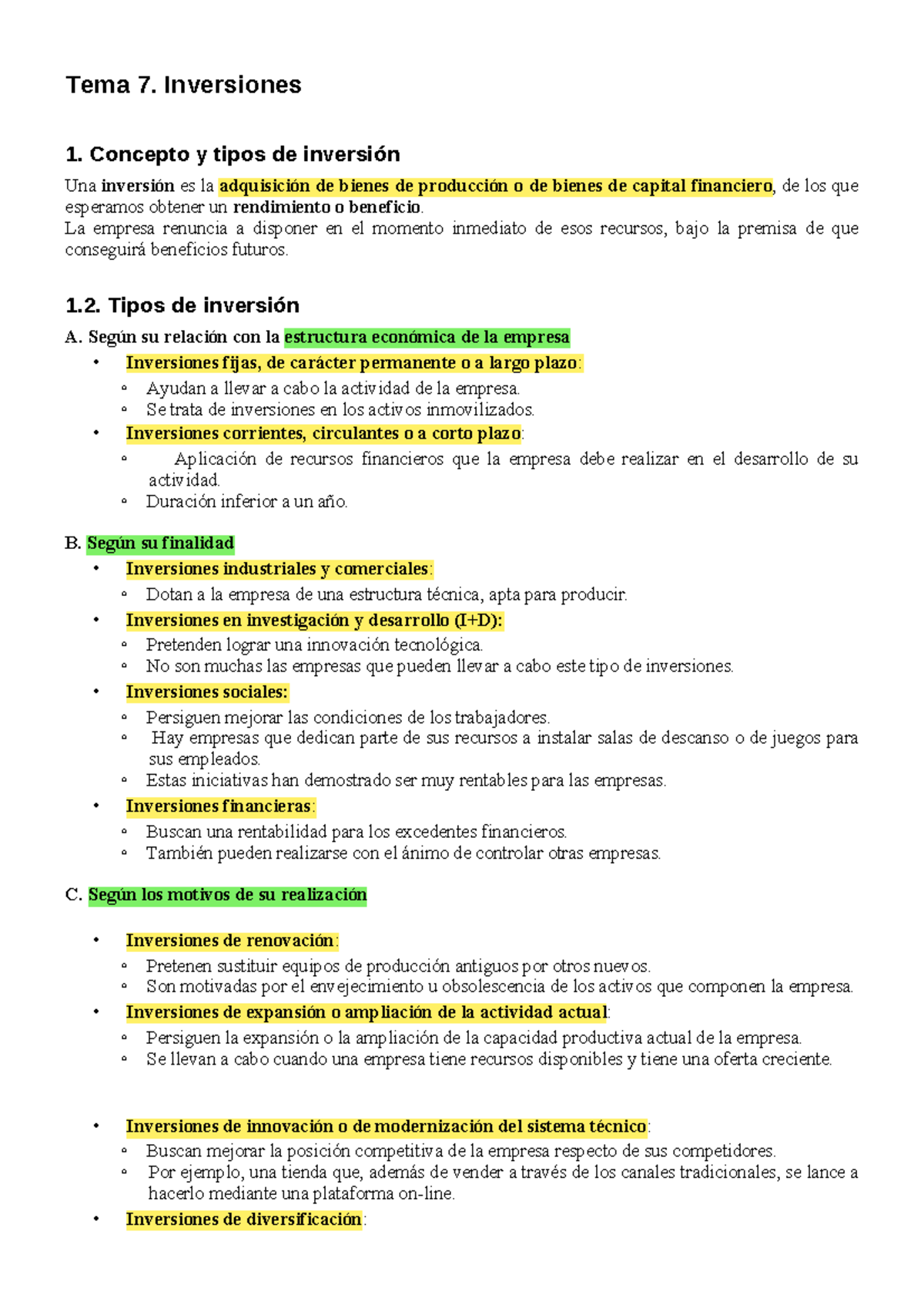 Tema 7 Apuntes - ggg - Tema 7. Inversiones 1. Concepto y tipos de ...