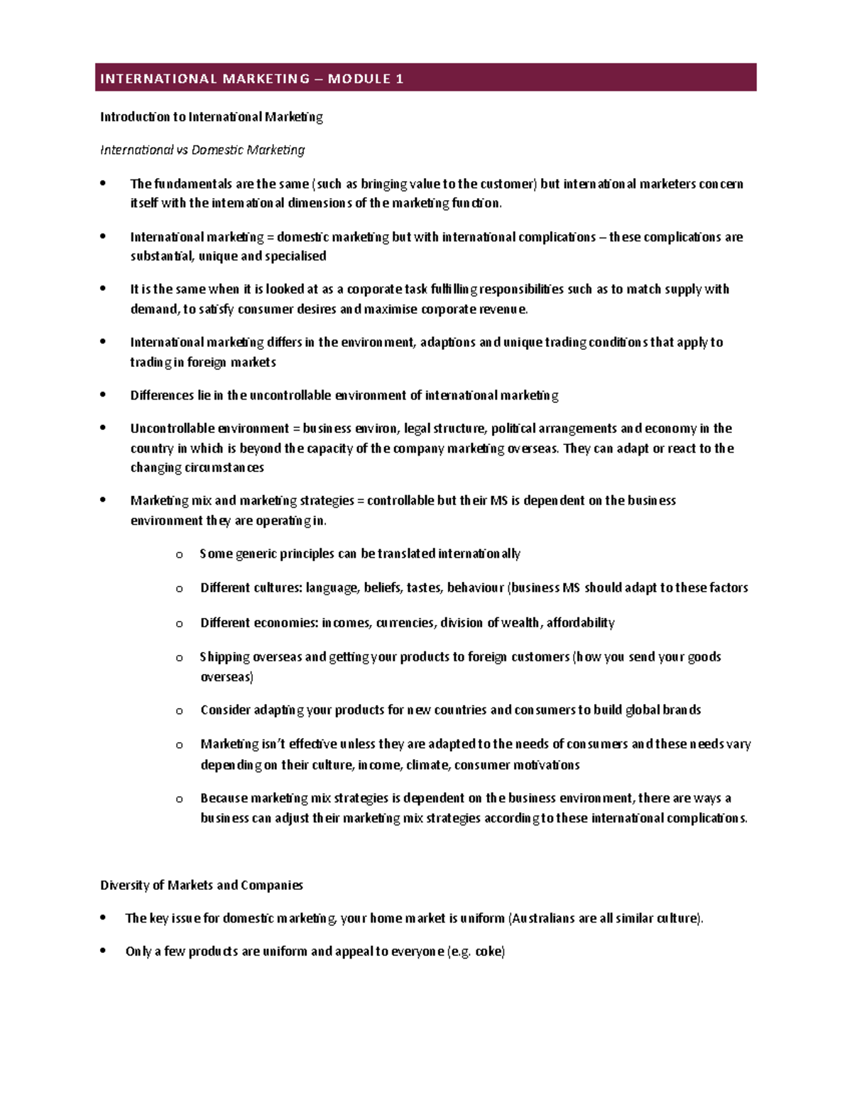 Notes – Module 1 - INTERNATIONAL MARKETING – MODULE 1 Introduction to ...